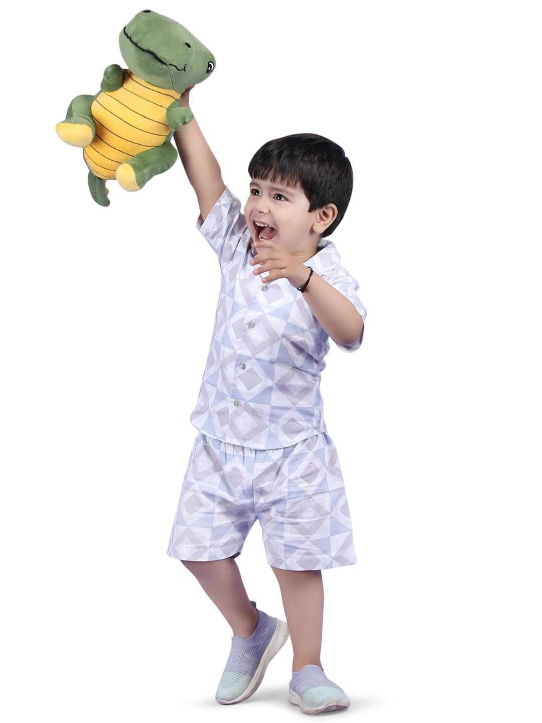 

Polka Tots Kids Printed Cuban Collar Pure Cotton Shirt With Shorts, Purple