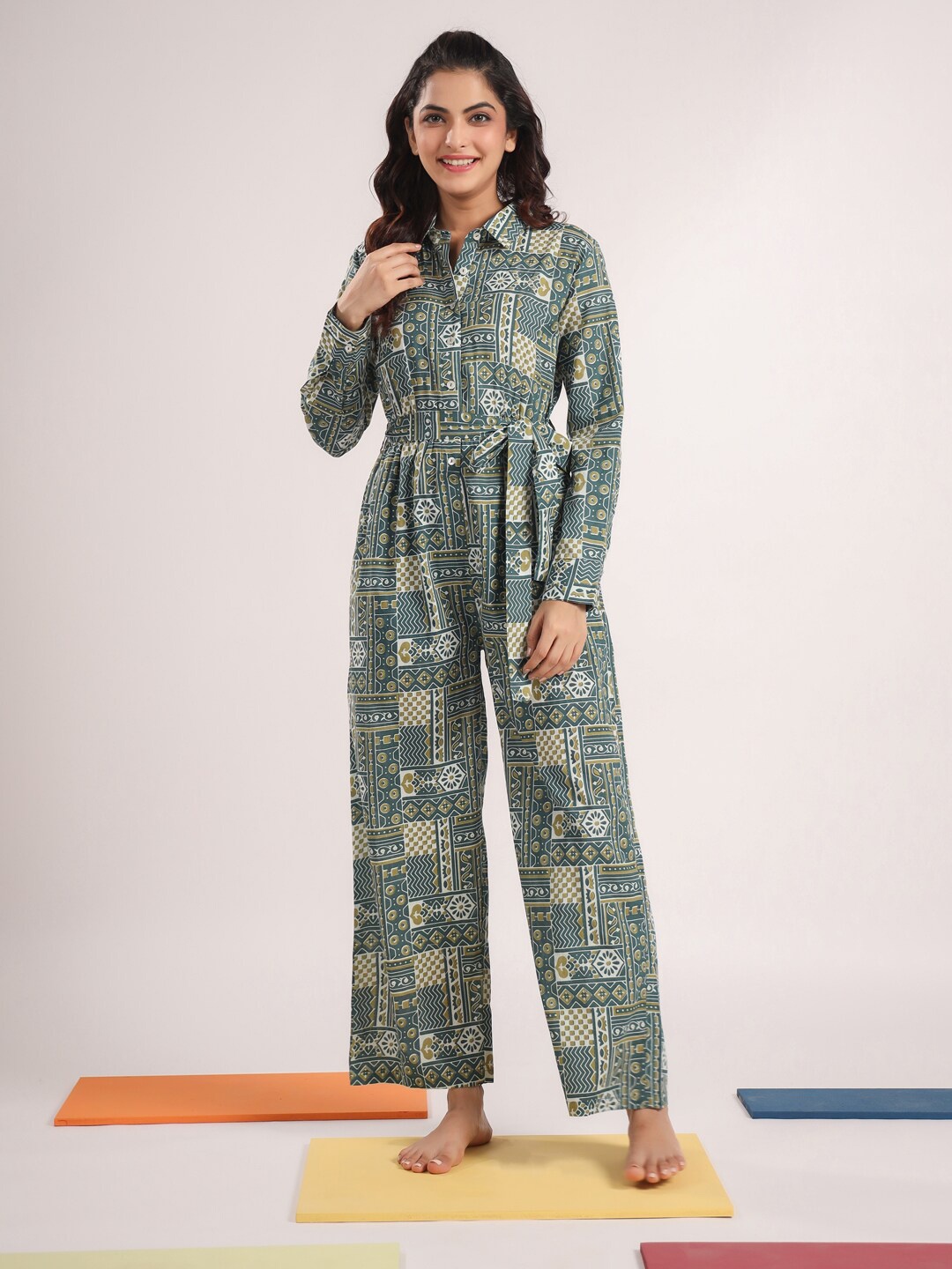 

SANSKRUTIHOMES Printed Pure Cotton Basic Jumpsuit, Green