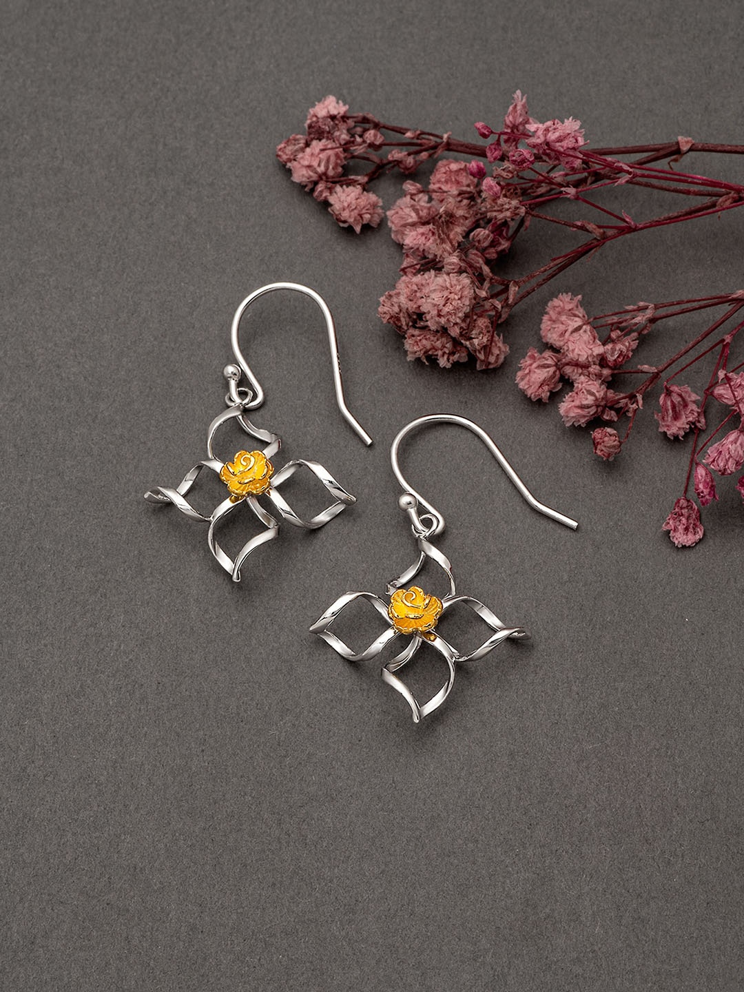 

SILBERRY 925 Sterling Silver Gold-Plated CZ Studded Contemporary Drop Earrings