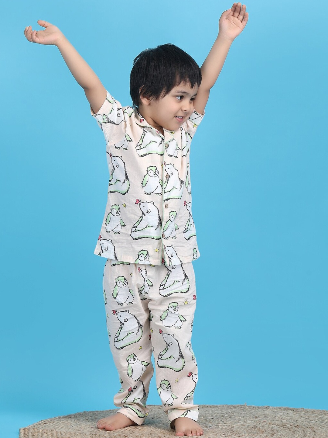

Polka Tots Boys Conversational Printed Night suit, Peach