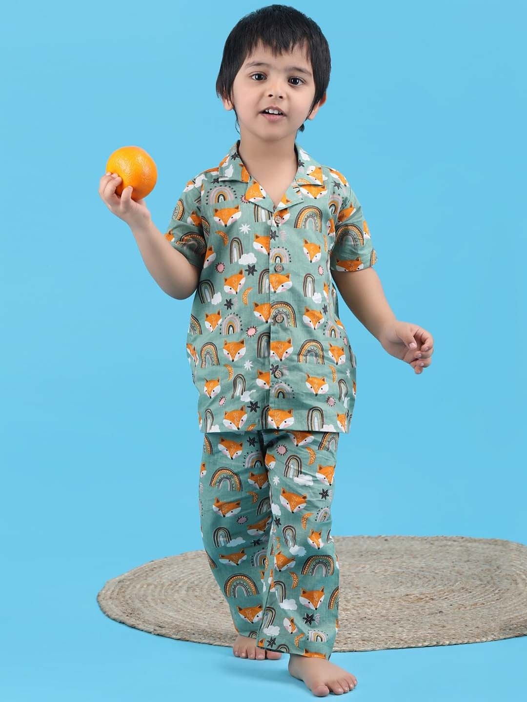 

Polka Tots Boys Conversational Printed Night suit, Green