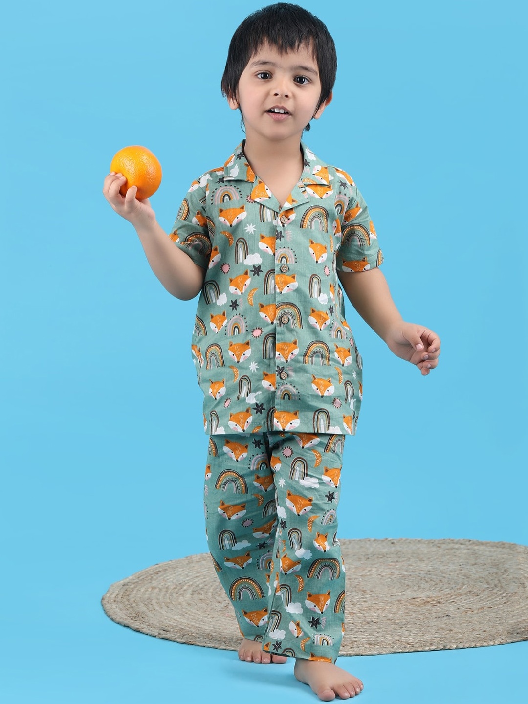 

Polka Tots Boys Conversational Printed Night suit, Green