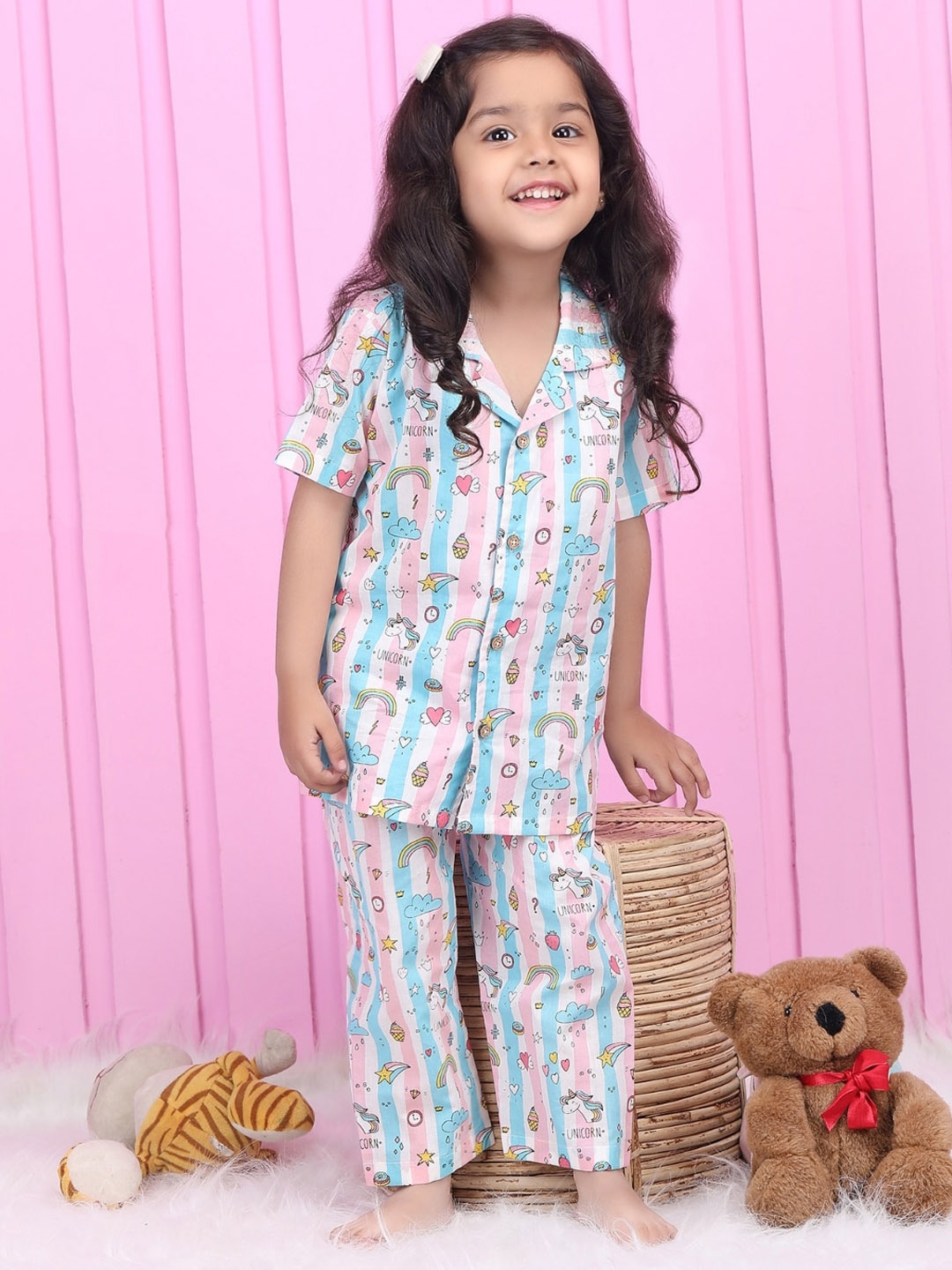 

Polka Tots Girls Conversational Printed Night suit, White
