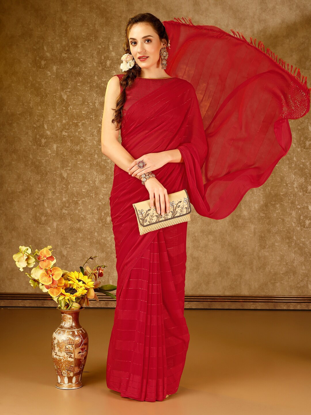 

Indian Women Embellished Mukaish Pure Chiffon Saree, Red