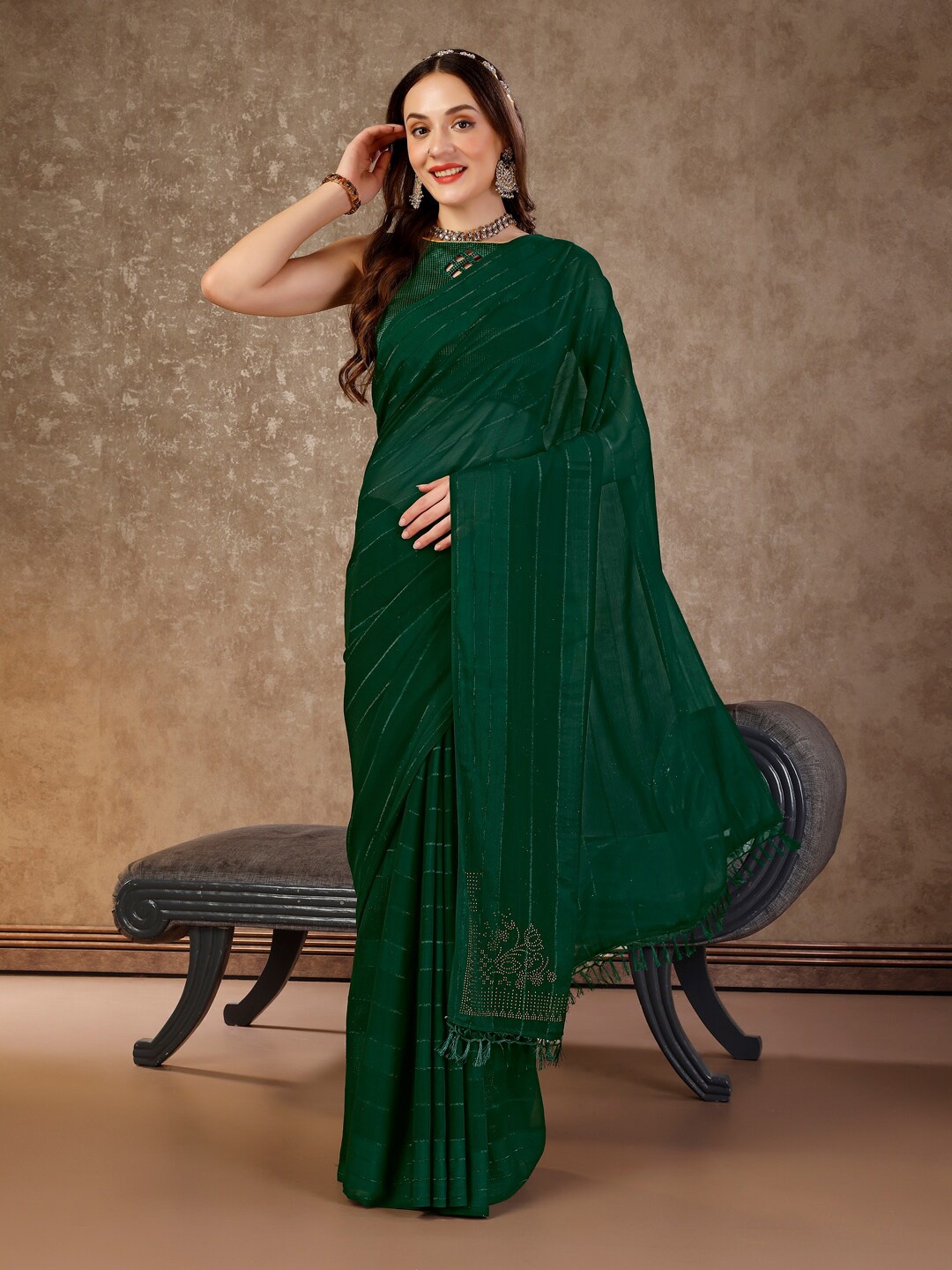

Indian Women Striped Pure Chiffon Saree, Green
