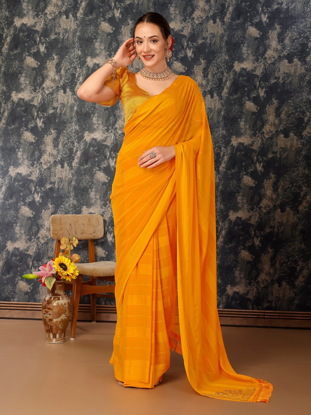 

Indian Women Striped Pure Chiffon Saree, Yellow