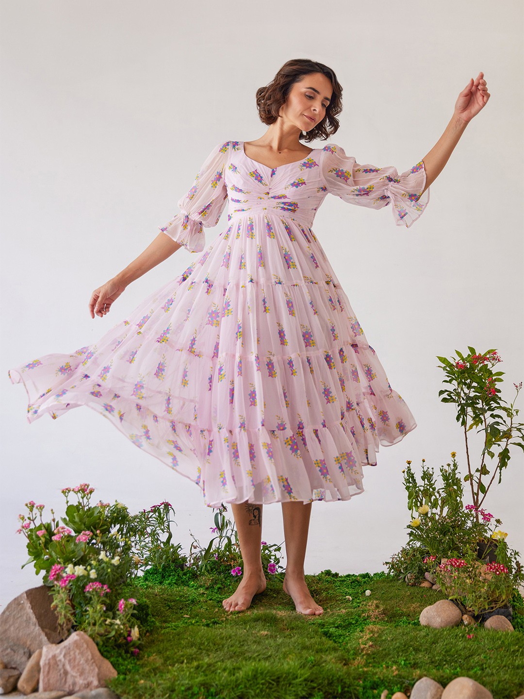 

Baise Gaba Floral Print Puff Sleeves Chiffon A-Line Dress, Lavender