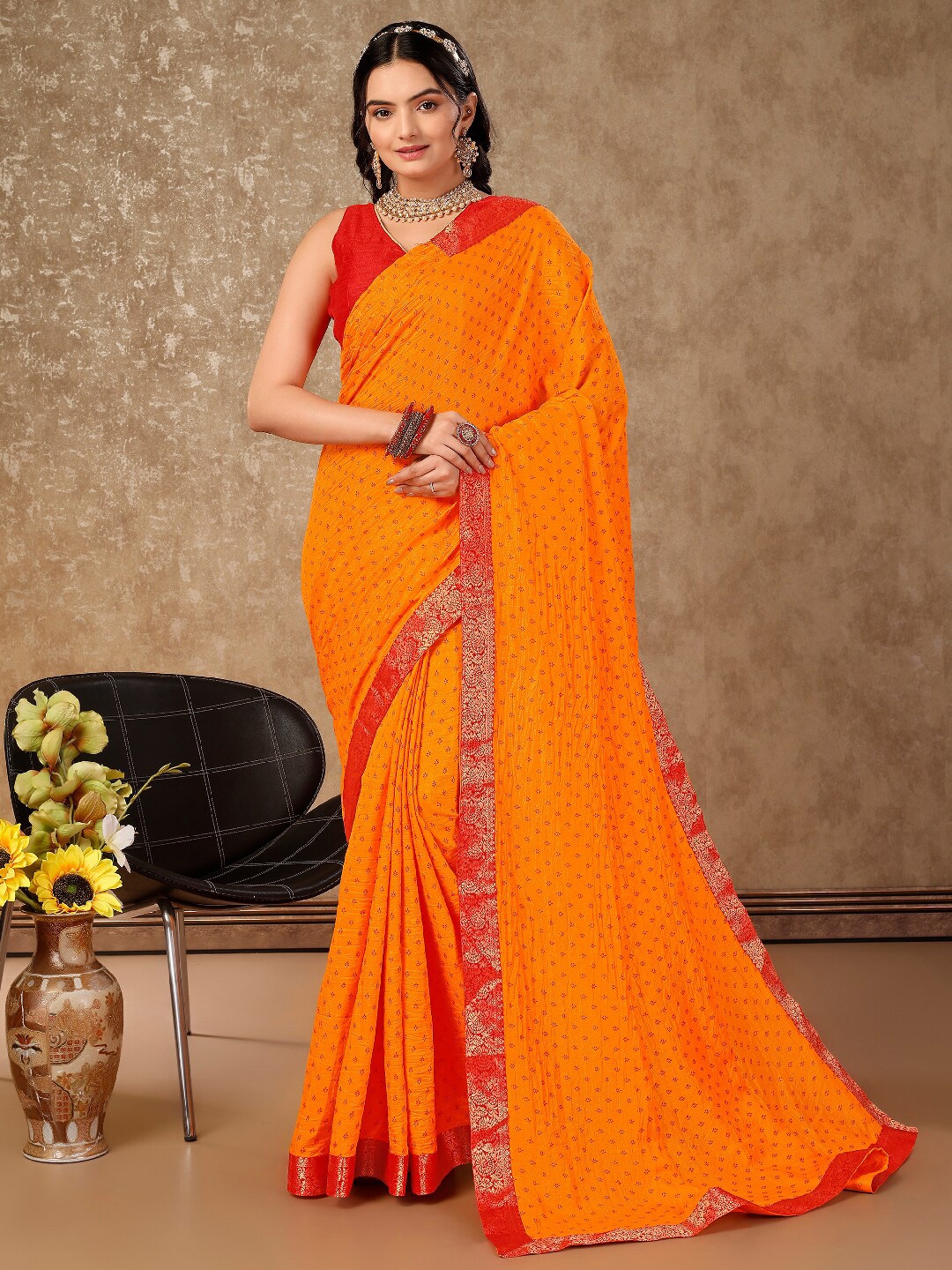 

Indian Women Floral Zari Pure Chiffon Saree, Yellow