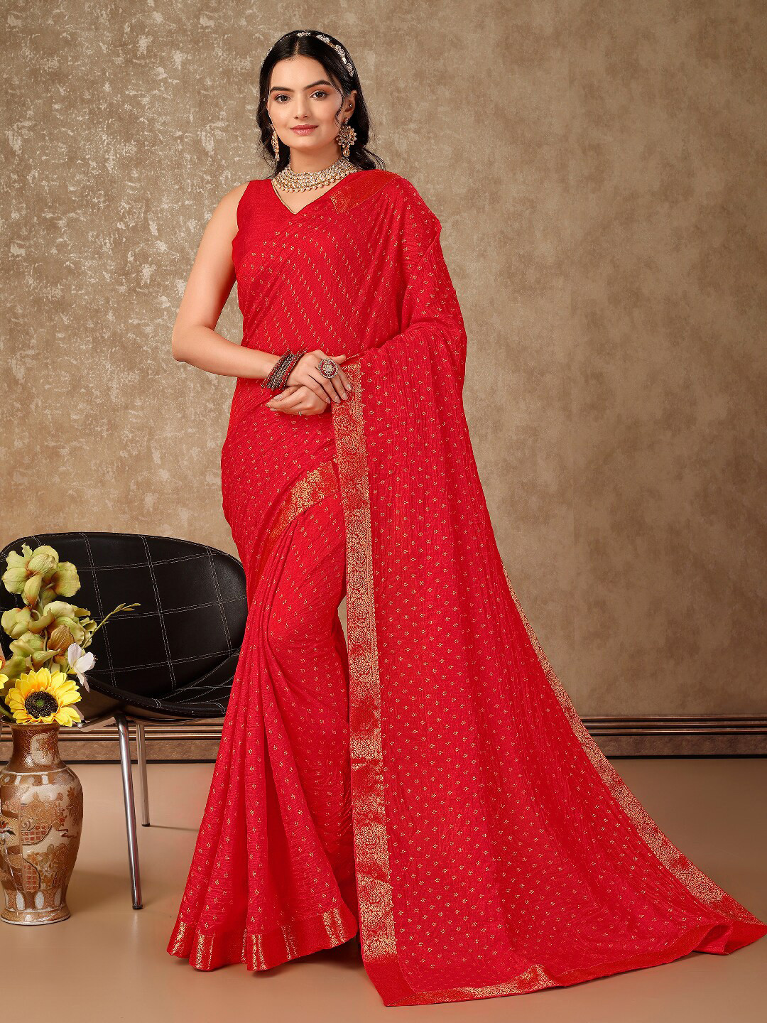 

Indian Women Ethnic Motifs Zari Pure Chiffon Saree, Red