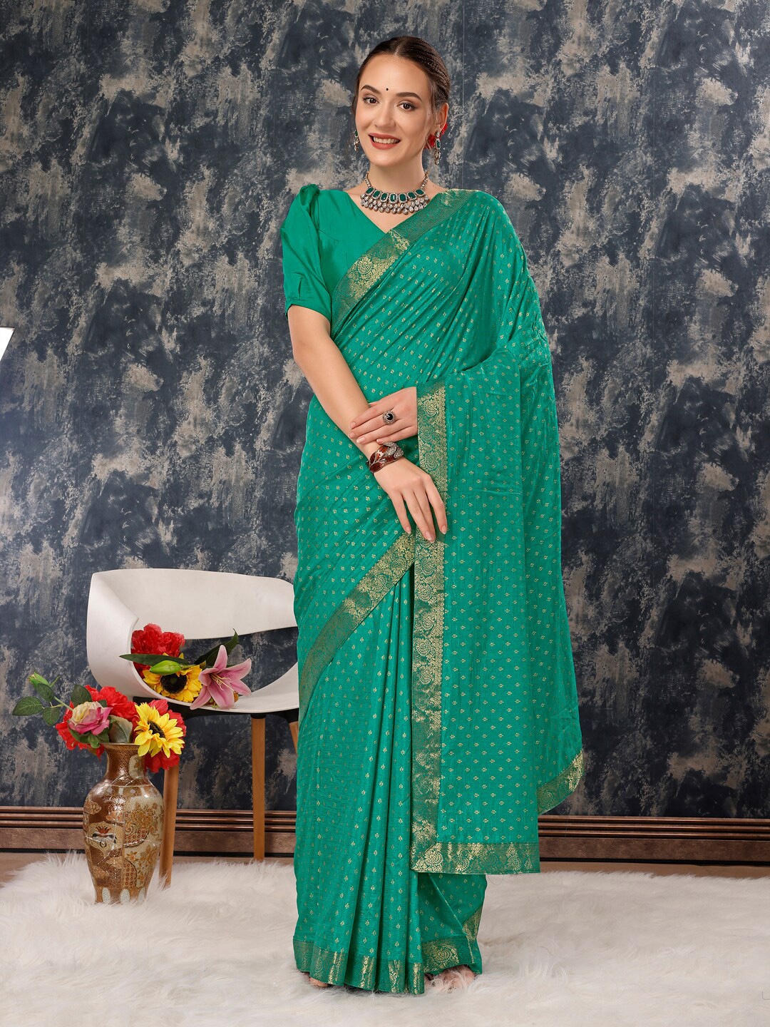 

Indian Women Ethnic Motifs Zari Pure Chiffon Saree, Sea green
