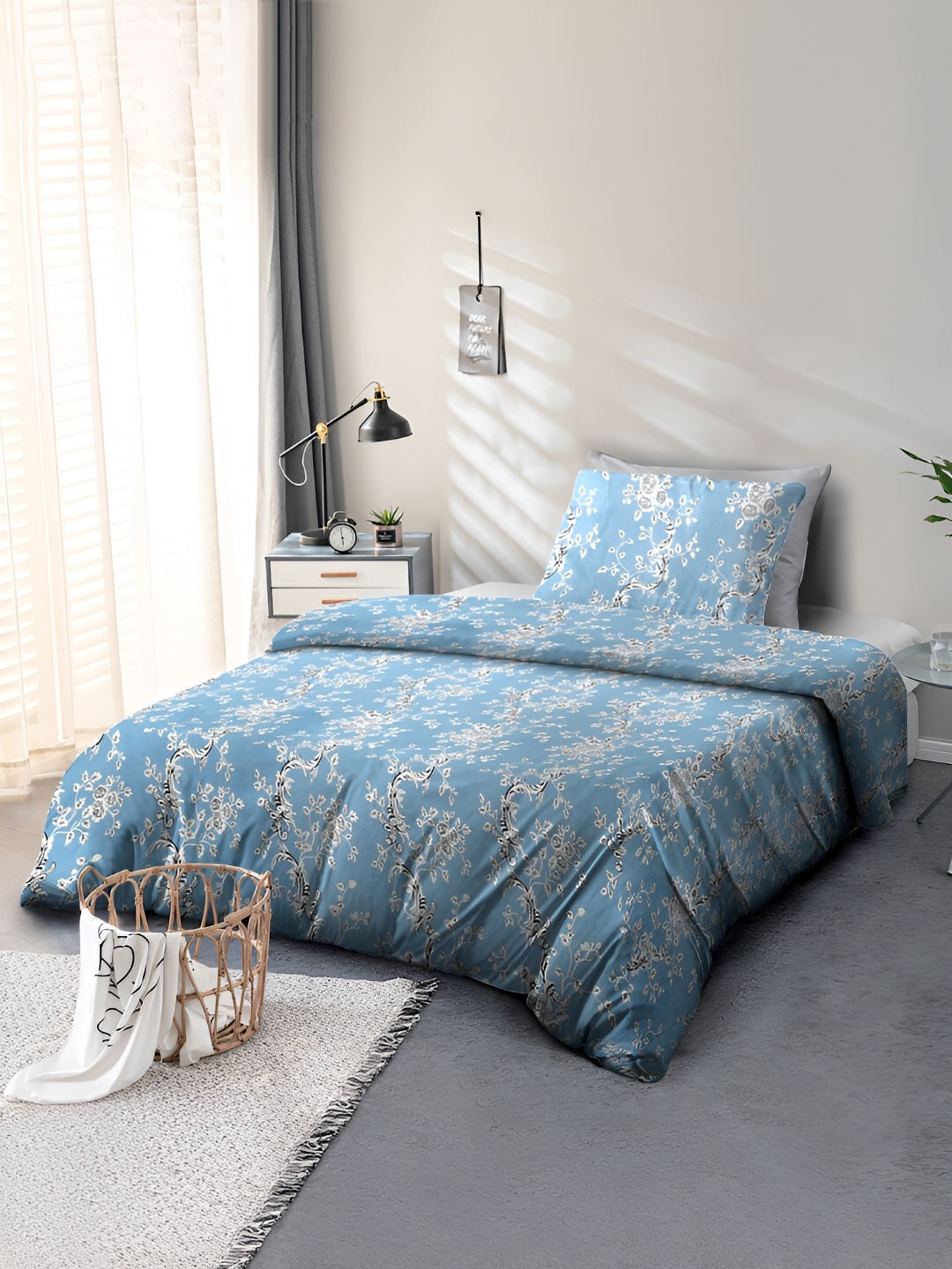 Cortina Blue & White Floral 110 TC Single Bedsheet With 1 Pillow Cover