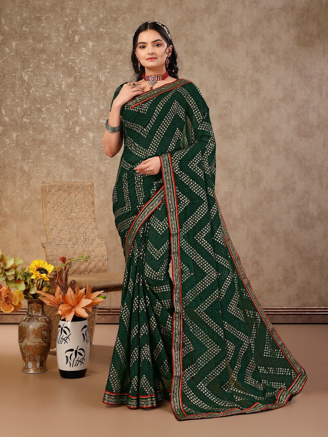 

Indian Women Ethnic Motifs Printed Zari Pure Chiffon Saree, Green