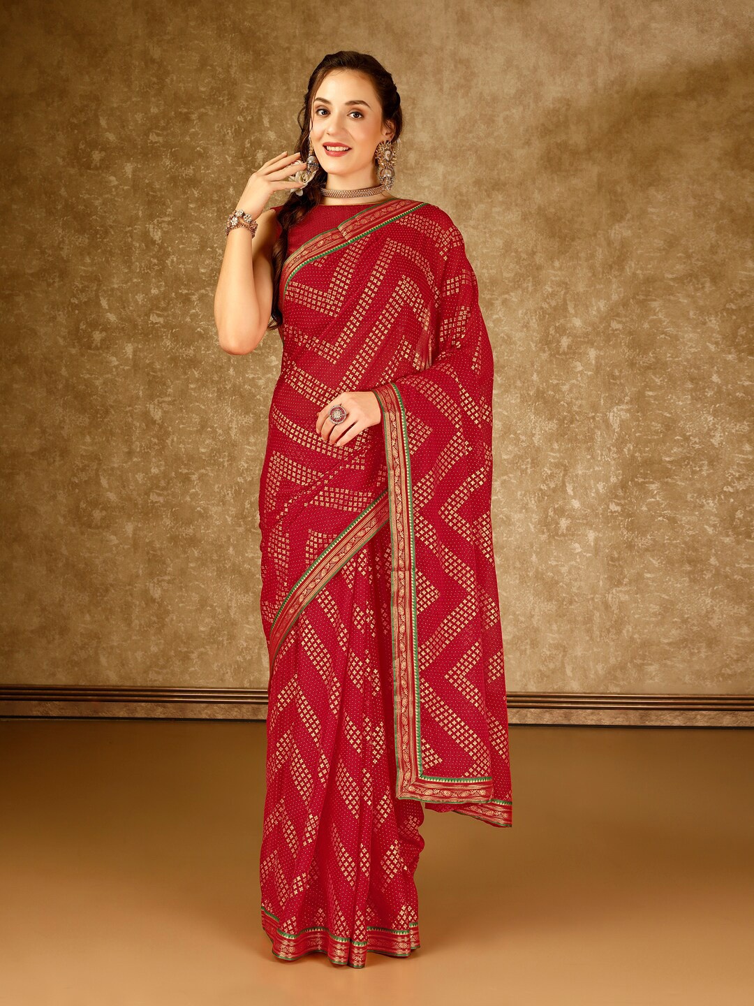 

Indian Women Geometric Printed Zari Pure Chiffon Saree, Red