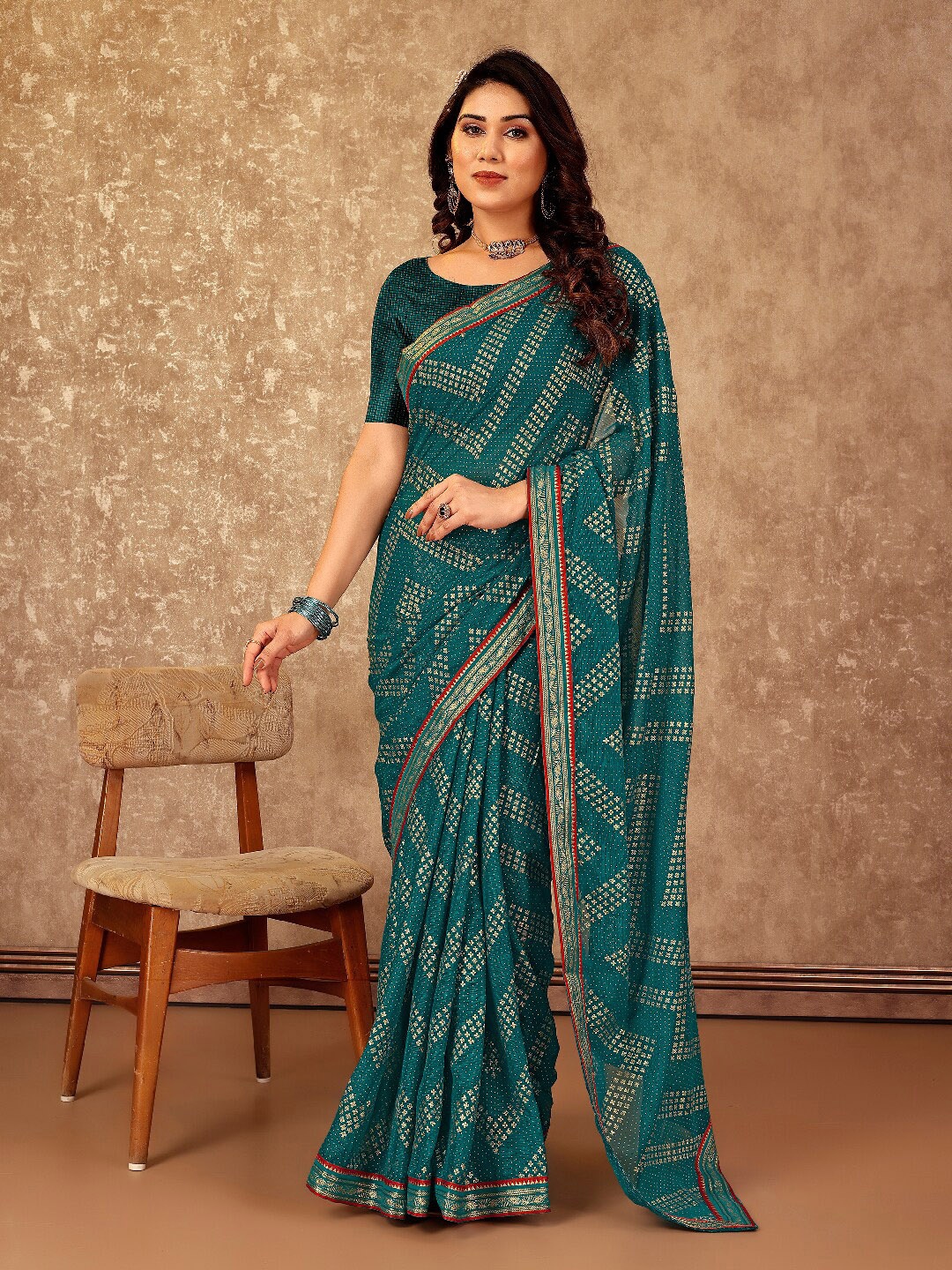 

Indian Women Ethnic Motifs Printed Pure Chiffon Saree, Teal