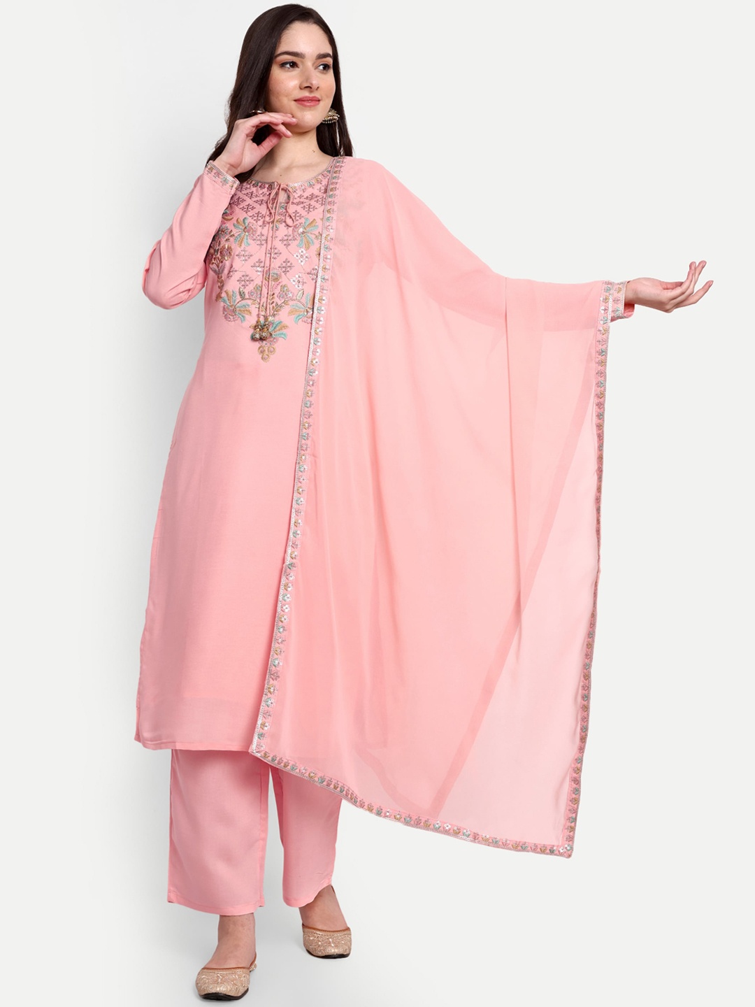 

Storebrite Ethnic Motifs Yoke Design Thread Work Chanderi Cotton Straight Kurta Set, Peach