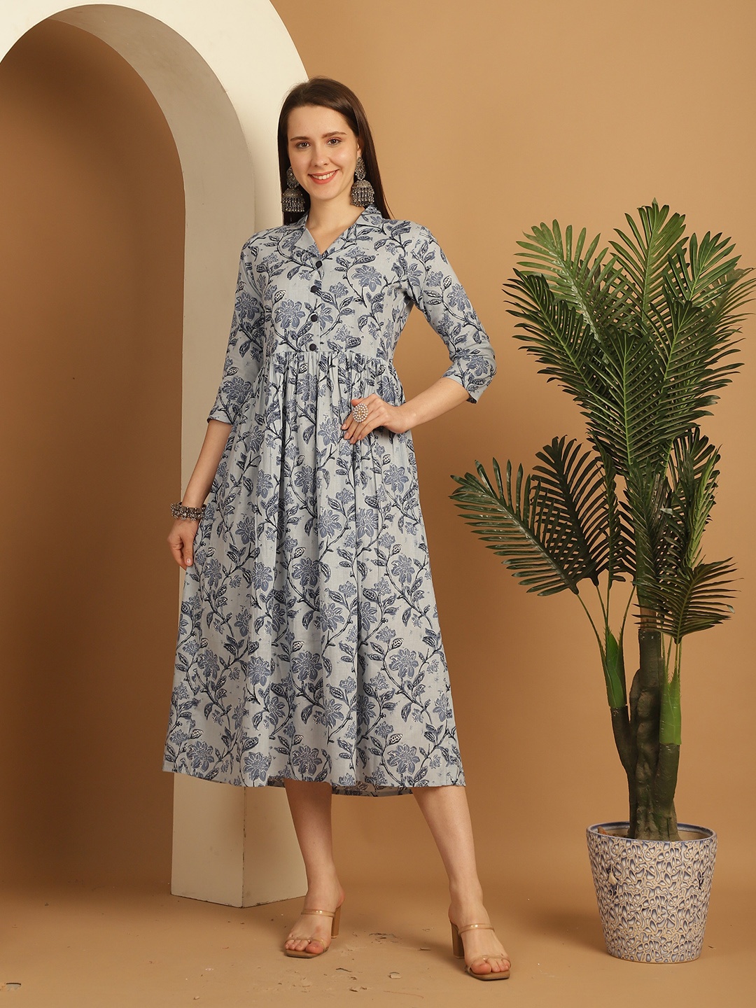 

Roly Poly Cuban Collar Floral Print Cotton A-Line Midi Dress, Blue