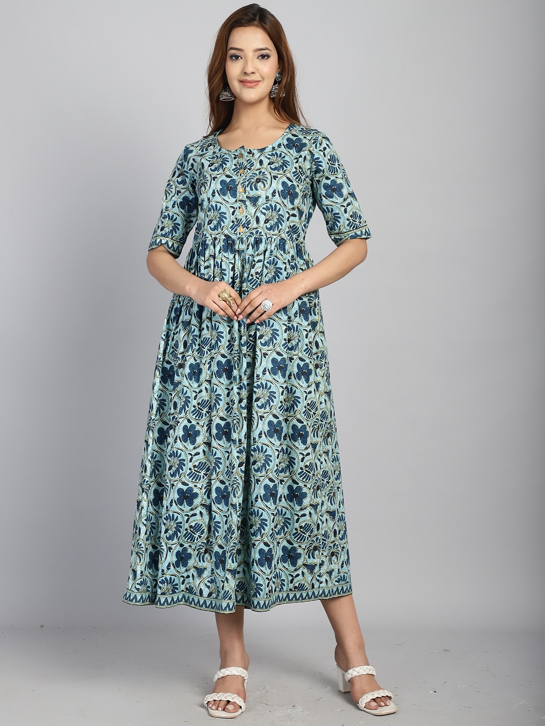 

Roly Poly Round Neck Ethnic Motifs Print A-Line Midi Dress, Blue