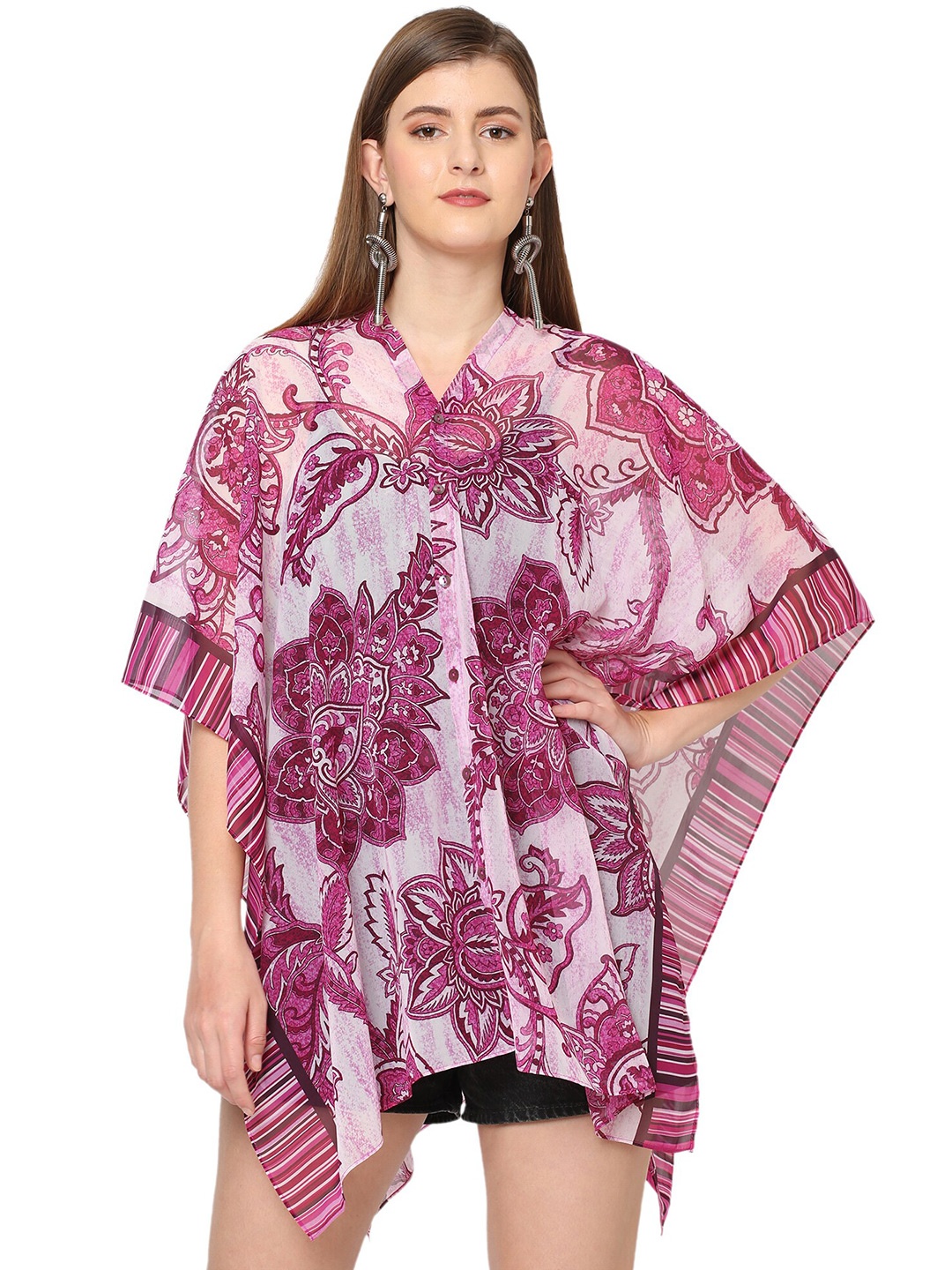 

Cloth Haus India Floral Print Kimono Sleeves Kaftan Longline Top, Pink