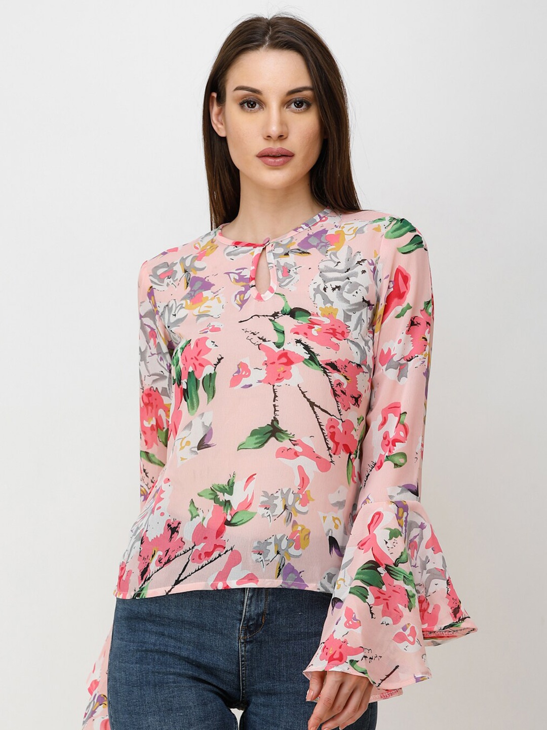

BAESD Floral Print Keyhole Neck Bell Sleeve Georgette Casual Top, Pink