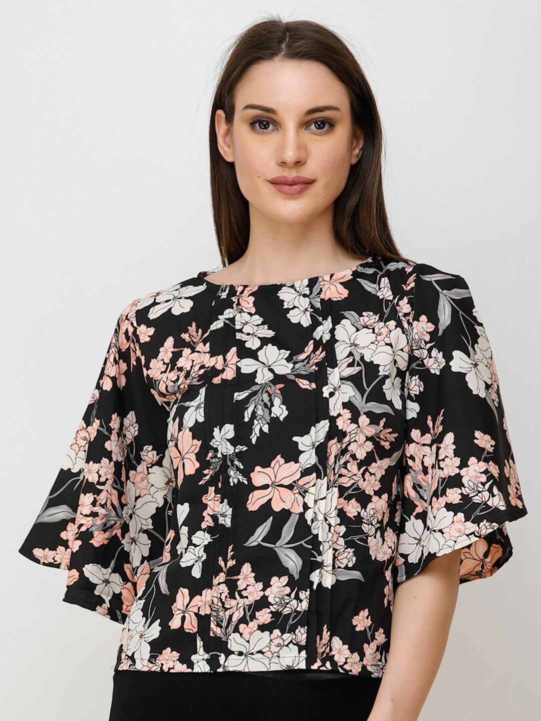 

BAESD Floral Print Round Neck Flared Sleeves Crepe Top, Black