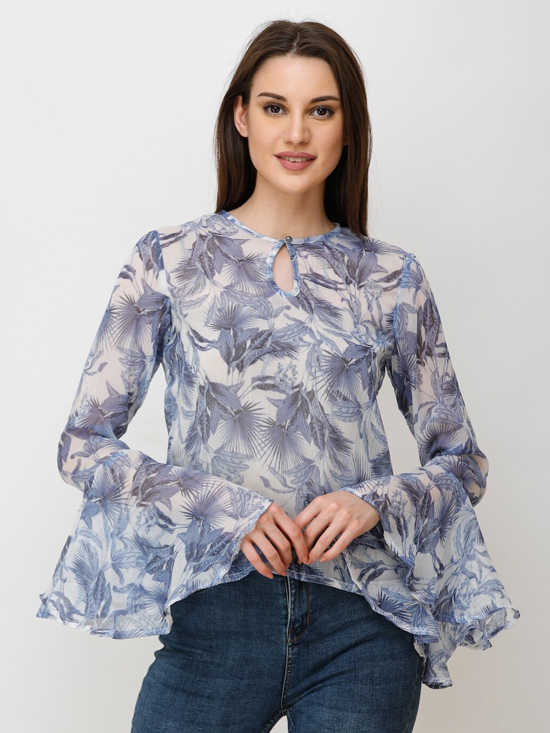 

BAESD Floral Print Keyhole Neck Bell Sleeve Chiffon Top, White