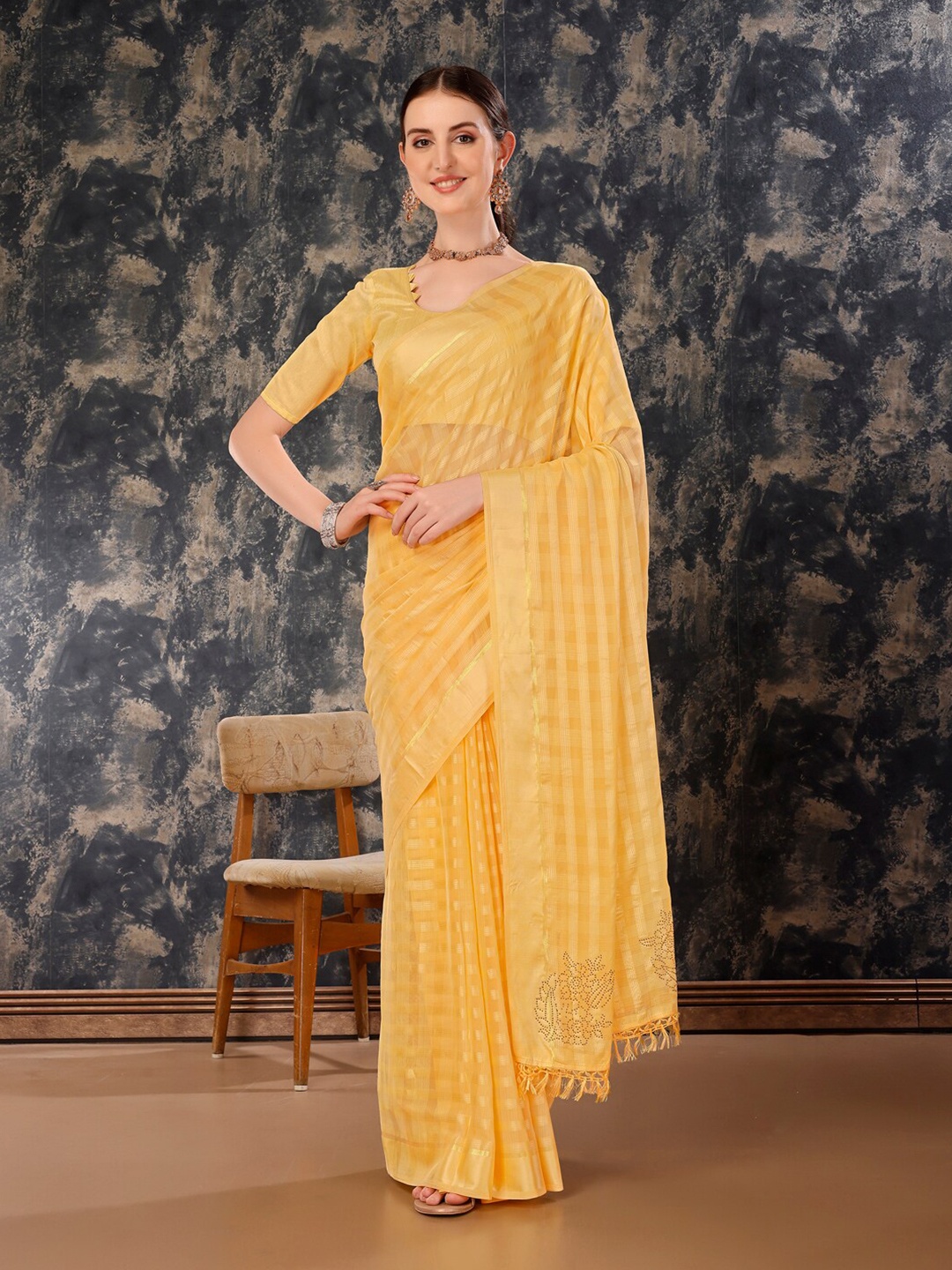 

Indian Women Striped Pure Chiffon Saree, Yellow