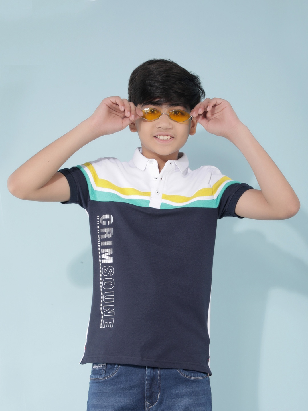 

Crimsoune Club Boys Colourblocked Polo Collar Short Sleeves Slim Fit Cotton T-shirt, Navy blue