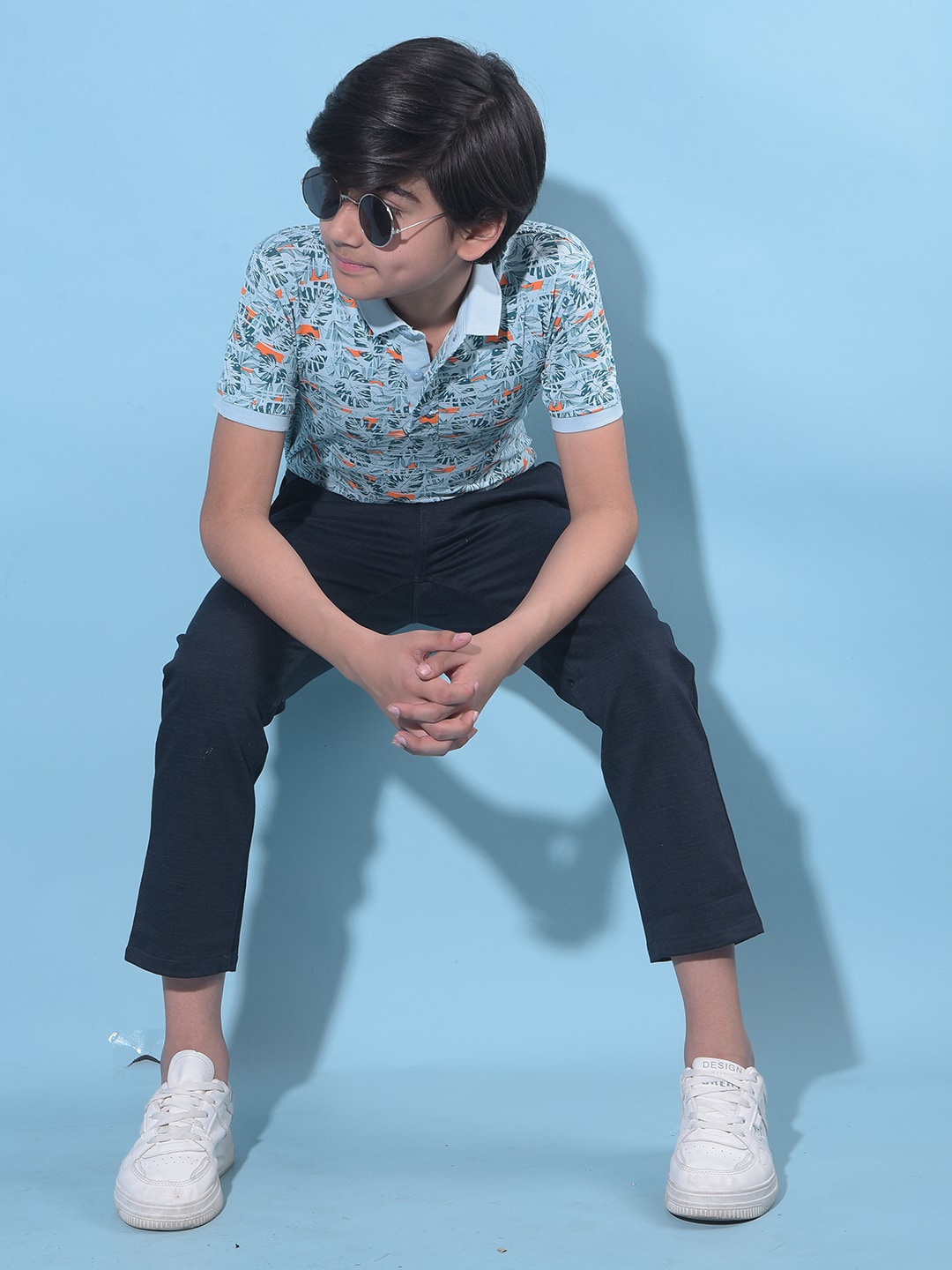 

Crimsoune Club Boys Tropical Printed Polo Collar Slim Fit Cotton T-shirt, Blue