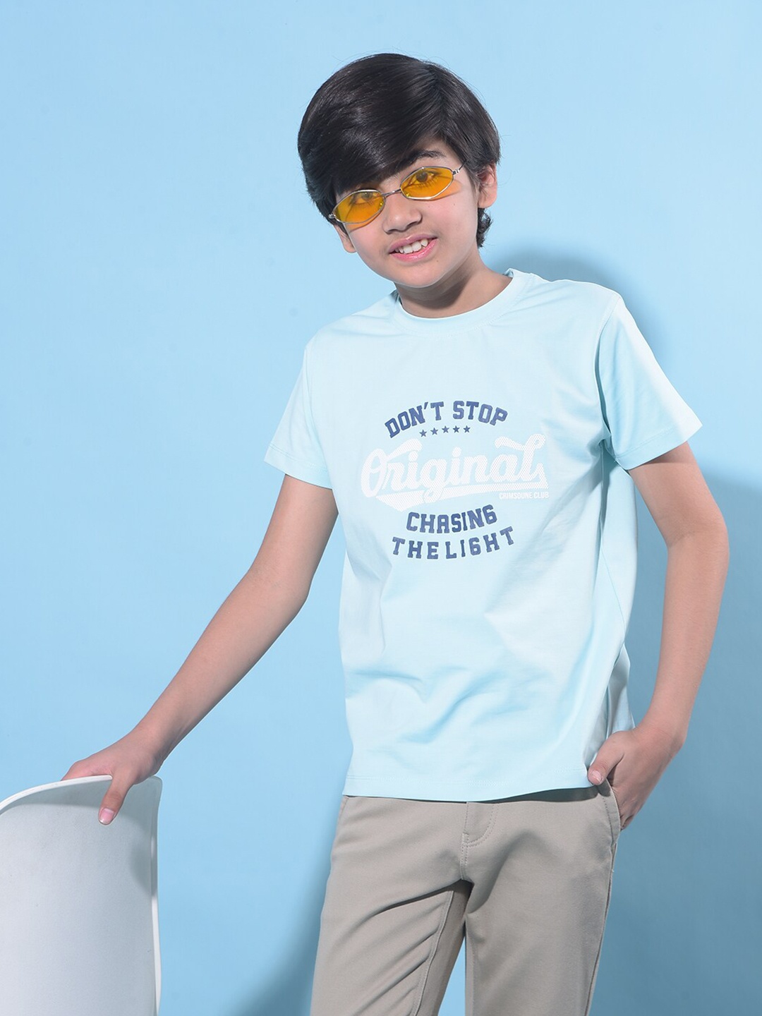 Crimsoune Club Boys Typography Printed Cotton Slim Fit T-shirt, Blue