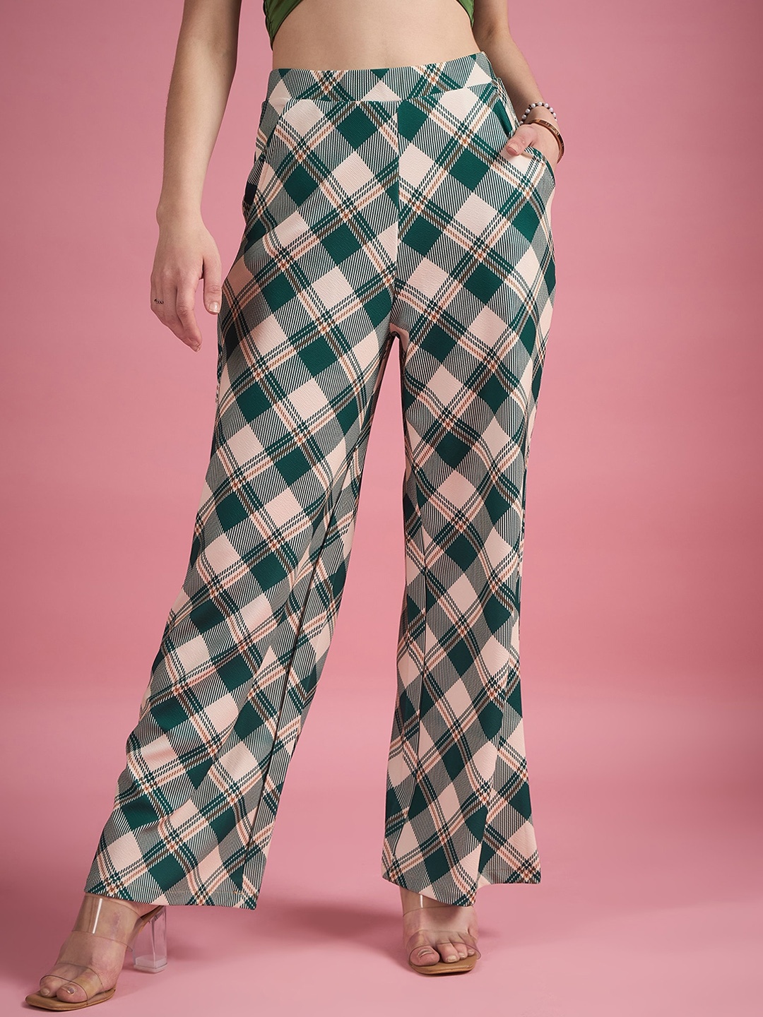 

DressBerry Women Checked Classic Flared High-Rise Trousers, Green