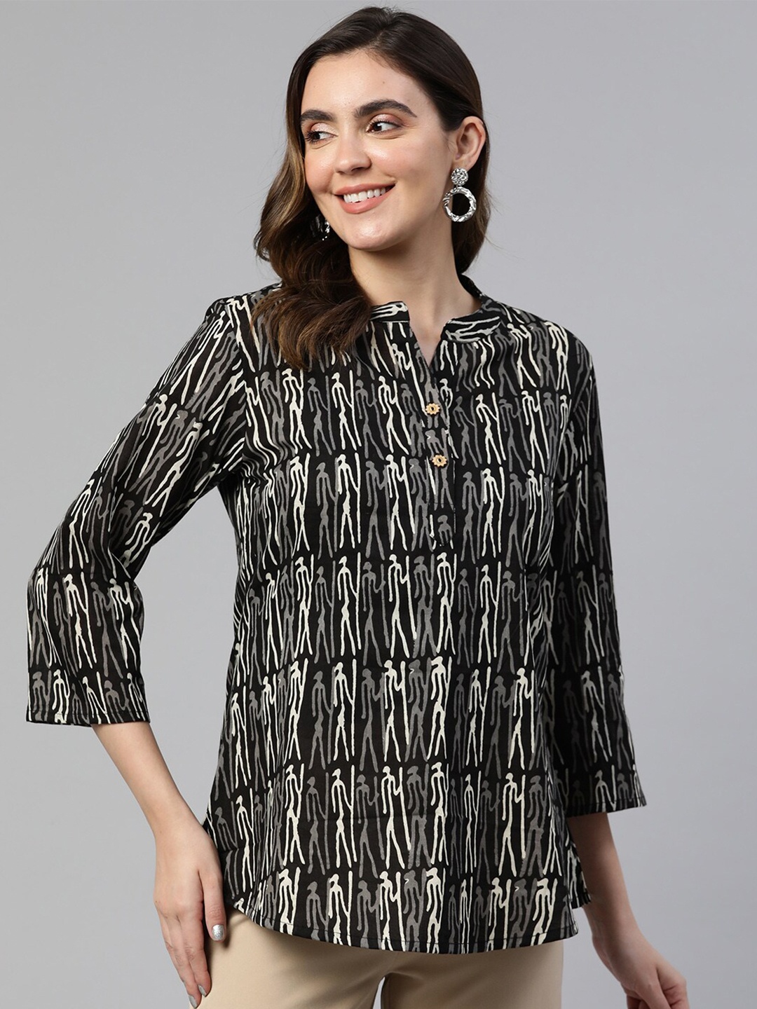 

Cottinfab Abstract Printed Mandarin Collar Cotton Top, Black