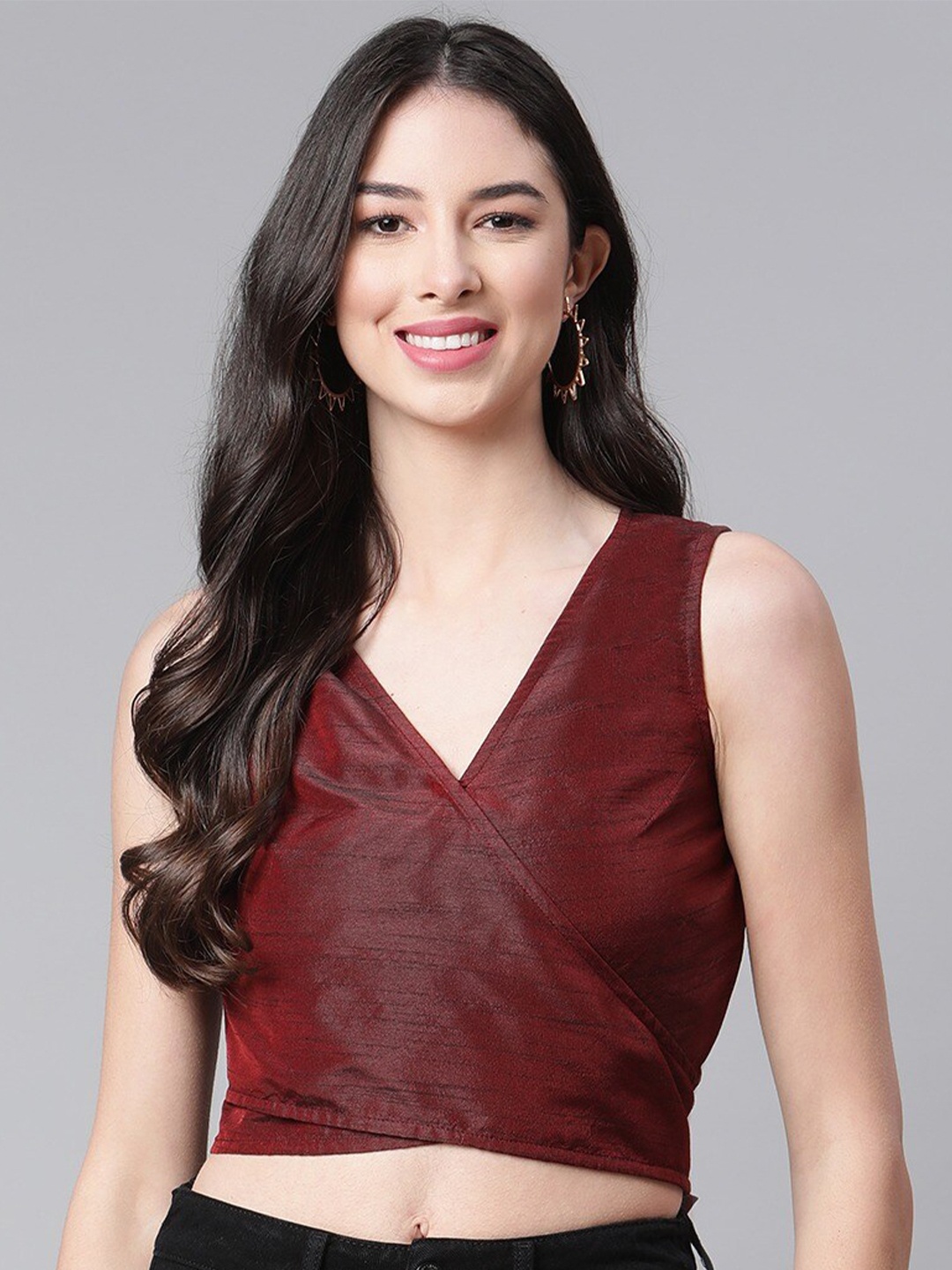 

Cottinfab V-Neck Sleeveless Wrap Crop Top, Maroon