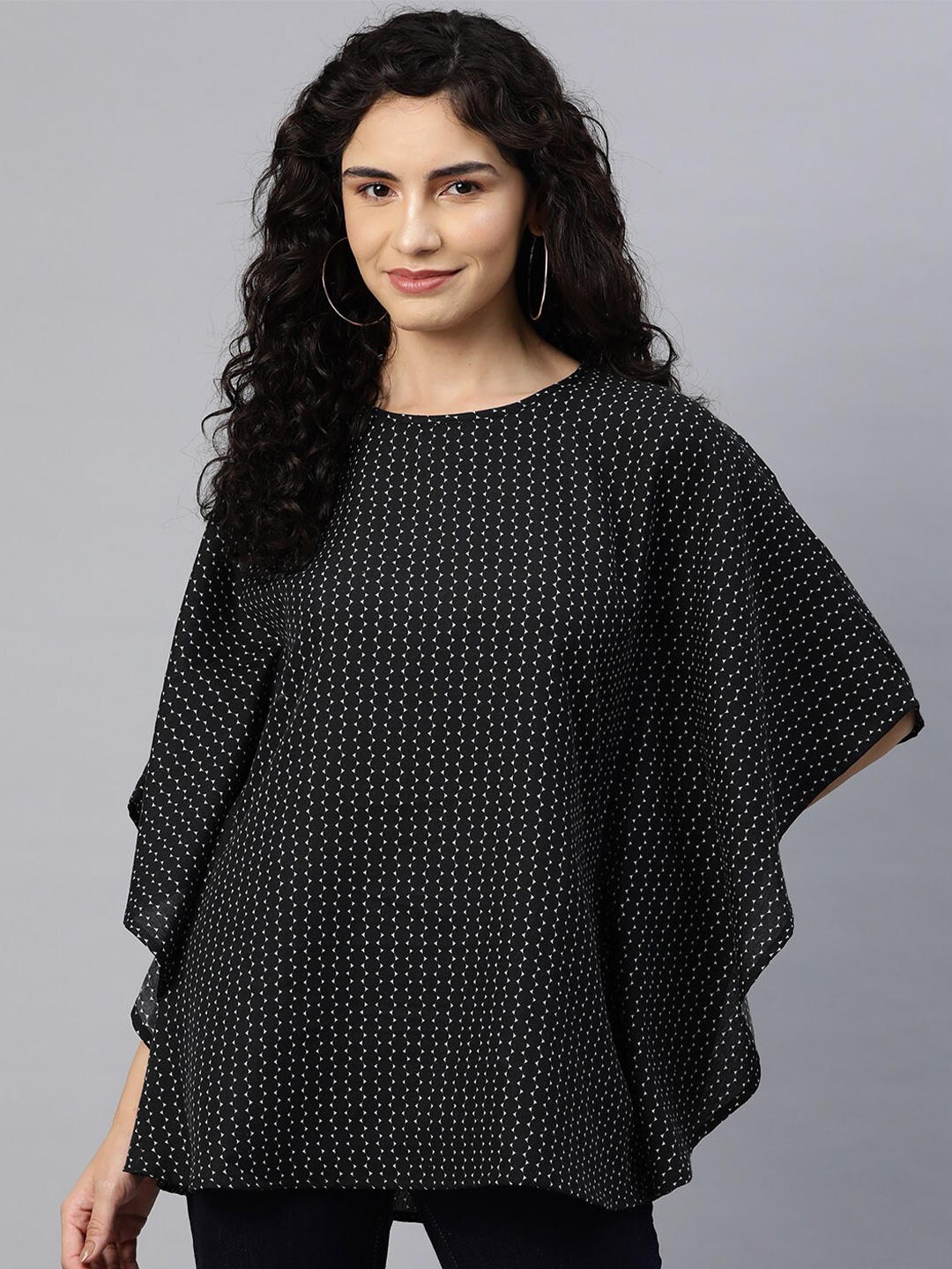 

Cottinfab Geometric Printed Flutter Sleeves Cotton Kaftan Top, Black