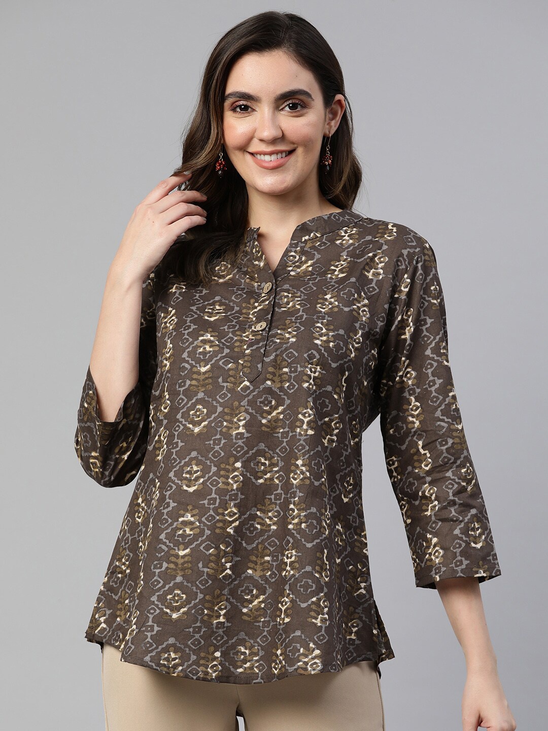 

Cottinfab Geometric Print Mandarin Collar Cotton Top, Brown