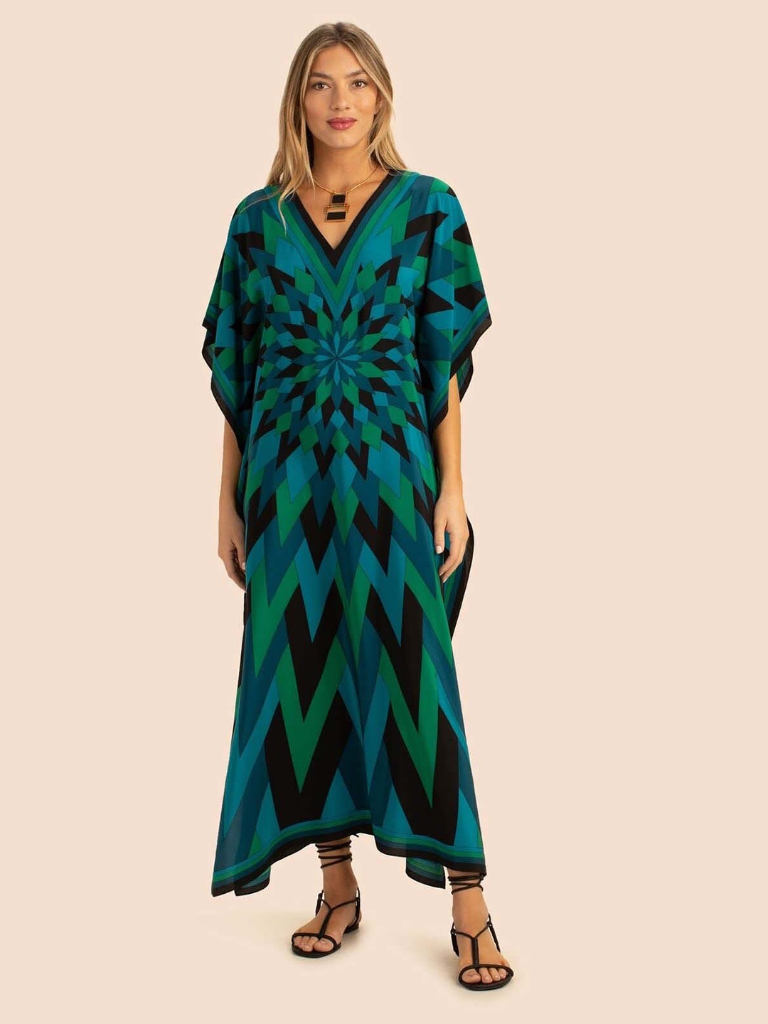 

UMANTA Geometric Printed Extended Sleeves Kaftan Maxi Dress, Green