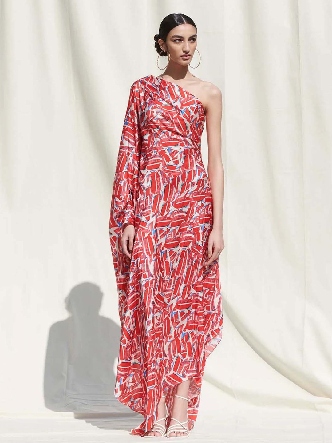 

UMANTA Abstract Printed One Shoulder Extended Sleeves Silk Satin Kaftan Maxi Dress, Red