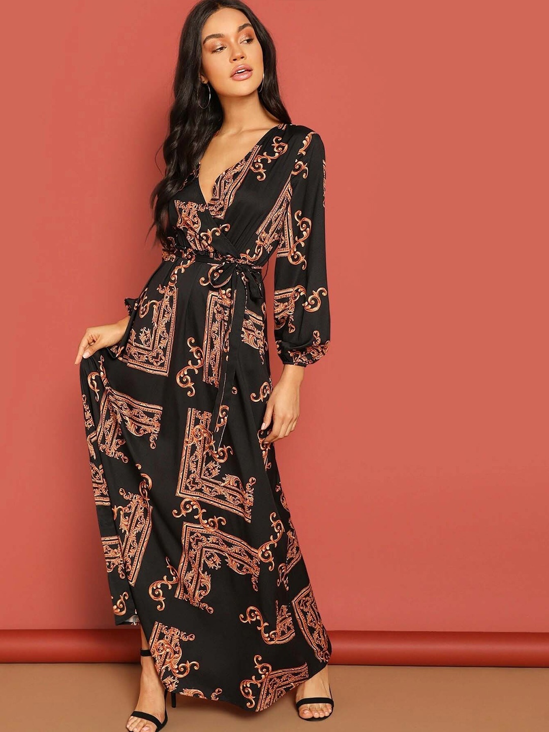 

UMANTA Ethnic Motifs Printed Puffed Sleeves Linen Wrap Maxi Dress, Red