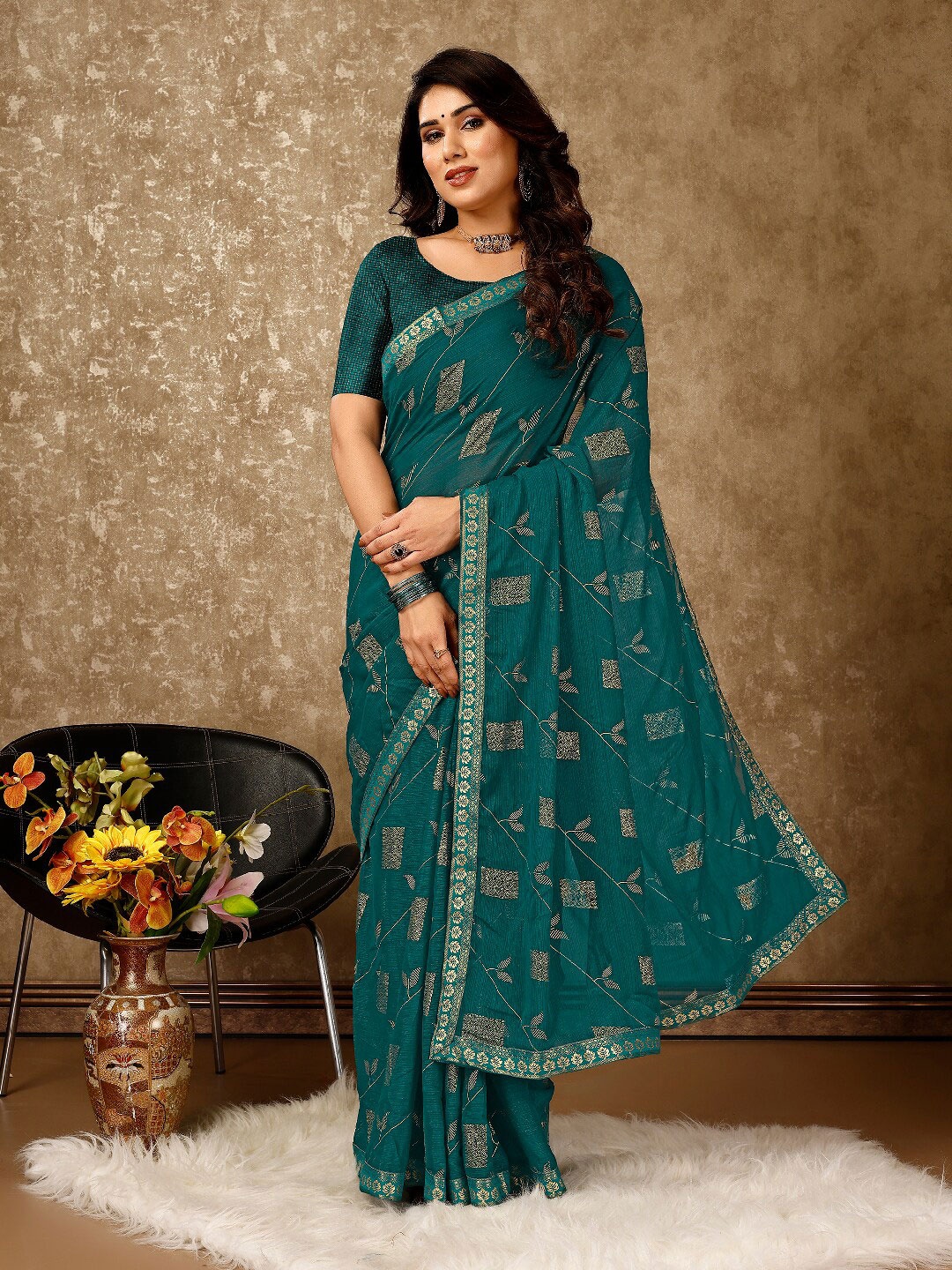

Indian Women Ethnic Motifs Printed Saree, Teal