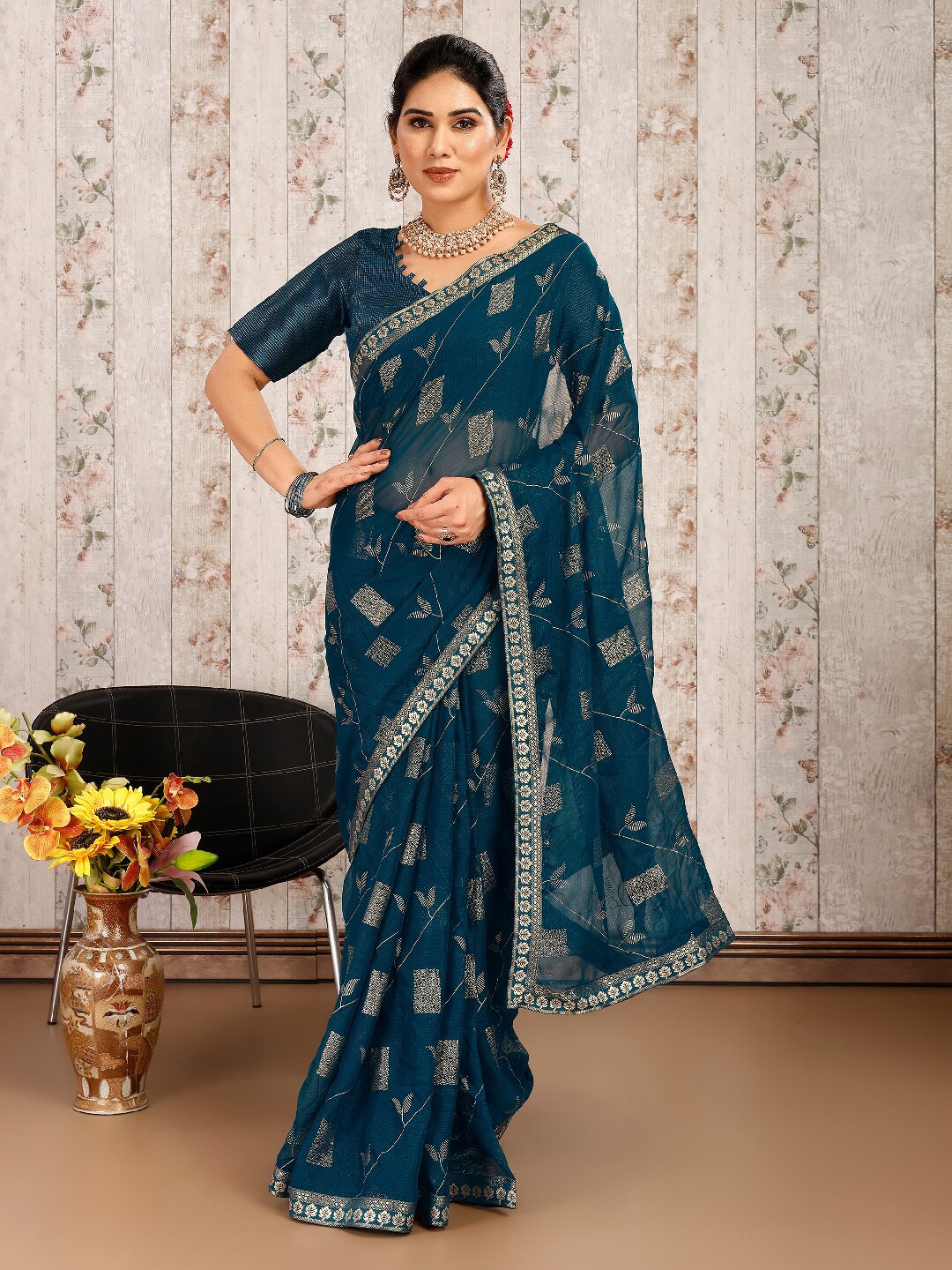 

Indian Women Ethnic Motifs Zari Pure Chiffon Saree, Blue