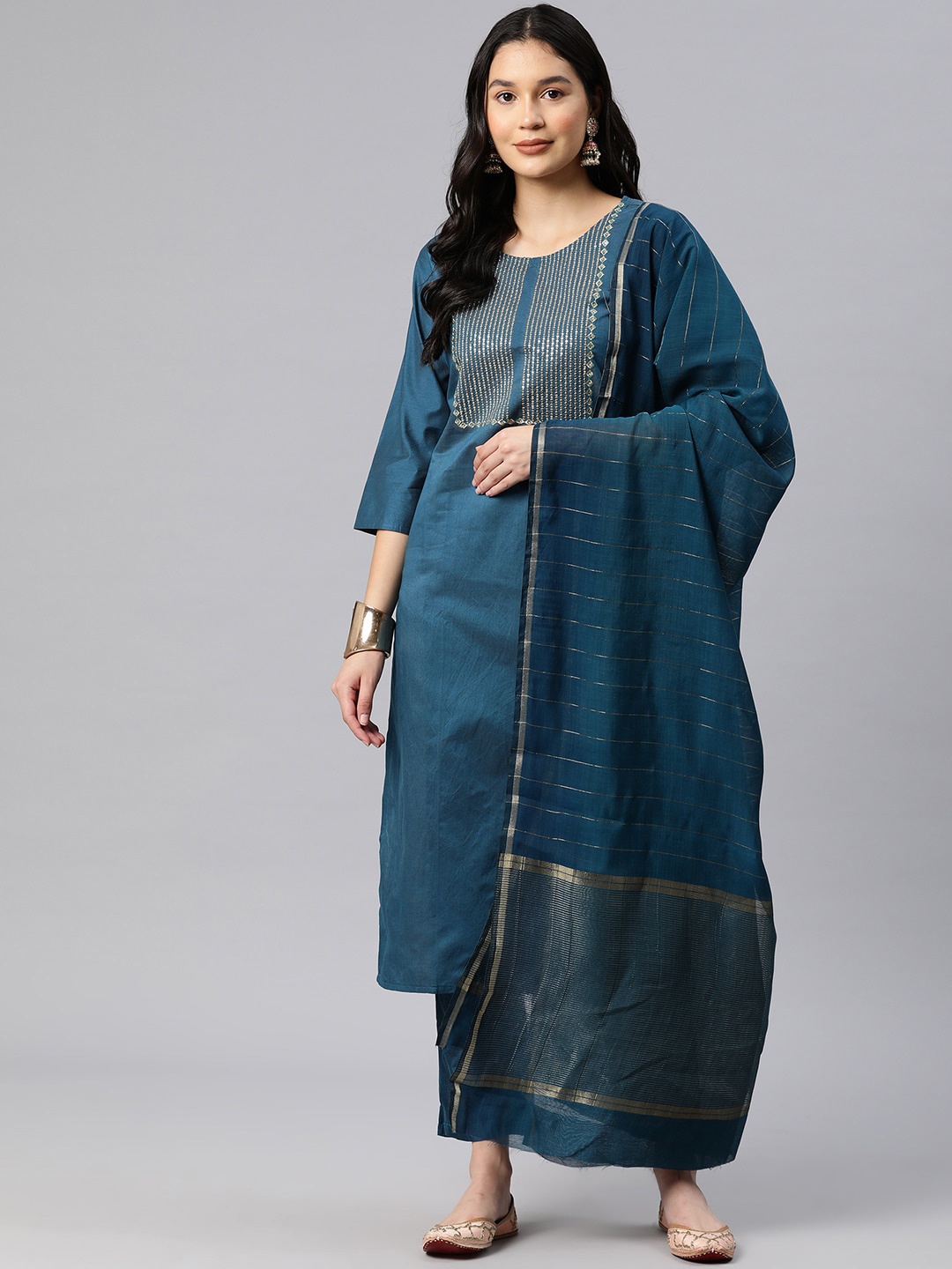 

KALINI Ethnic Motifs Embroidered Sequinned Kurta with Trousers & With Dupatta, Blue