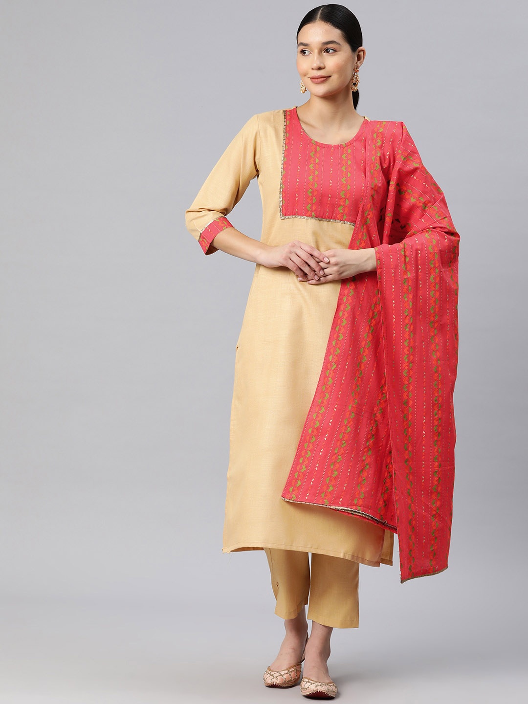 

KALINI Geometric Yoke Design Straight Kurta with Trousers & Dupatta, Beige
