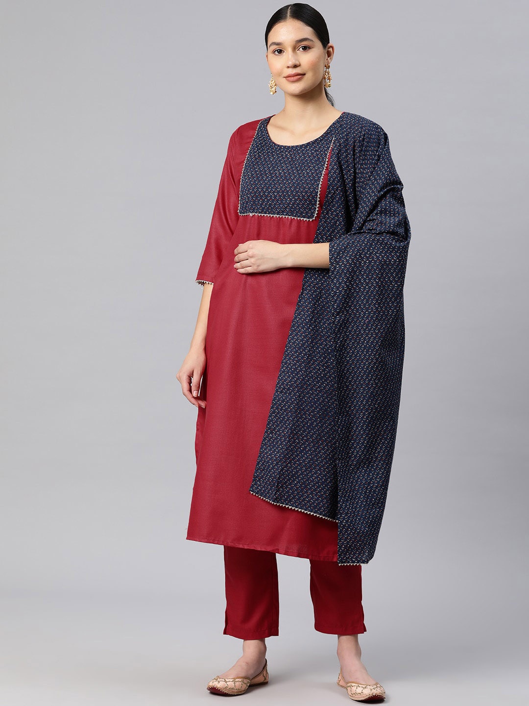 

KALINI Ethnic Motifs Yoke Design Regular Kurta With Trousers & Dupatta, Maroon