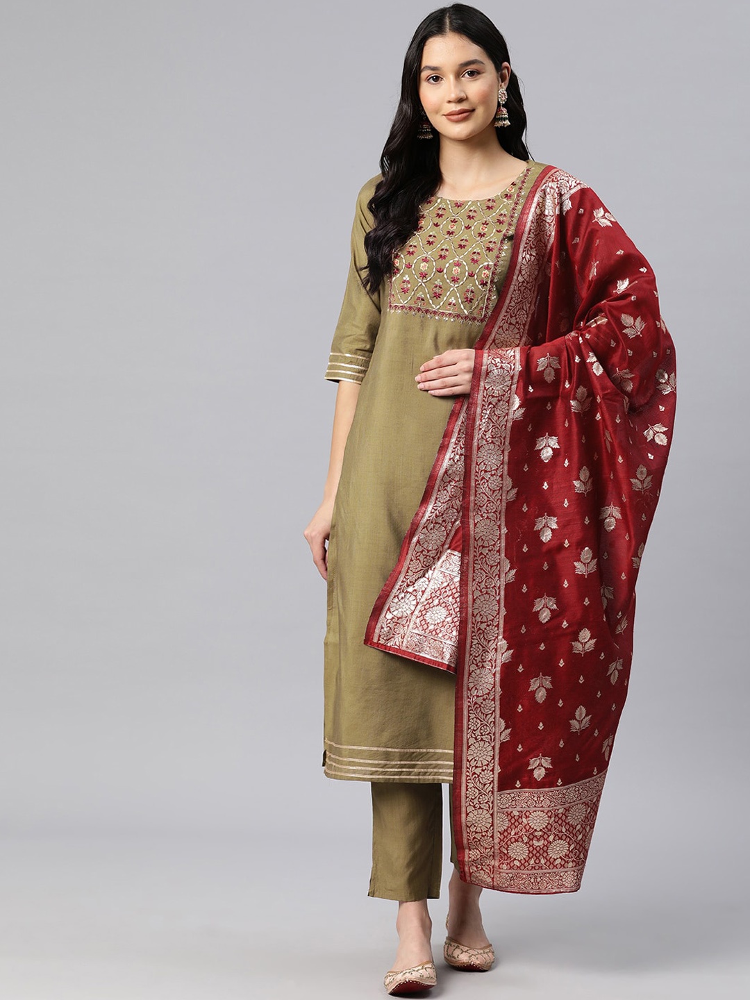 

KALINI Ethnic Motifs Yoke Design Straight Thread Work Kurta With Trousers & Dupatta, Olive