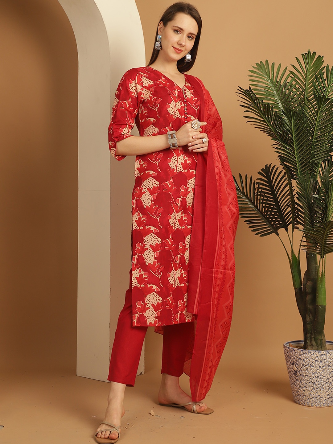 

Roly Poly Floral Printed Regular V-Neck Straight Kurta With Trousers & Dupatta, Red