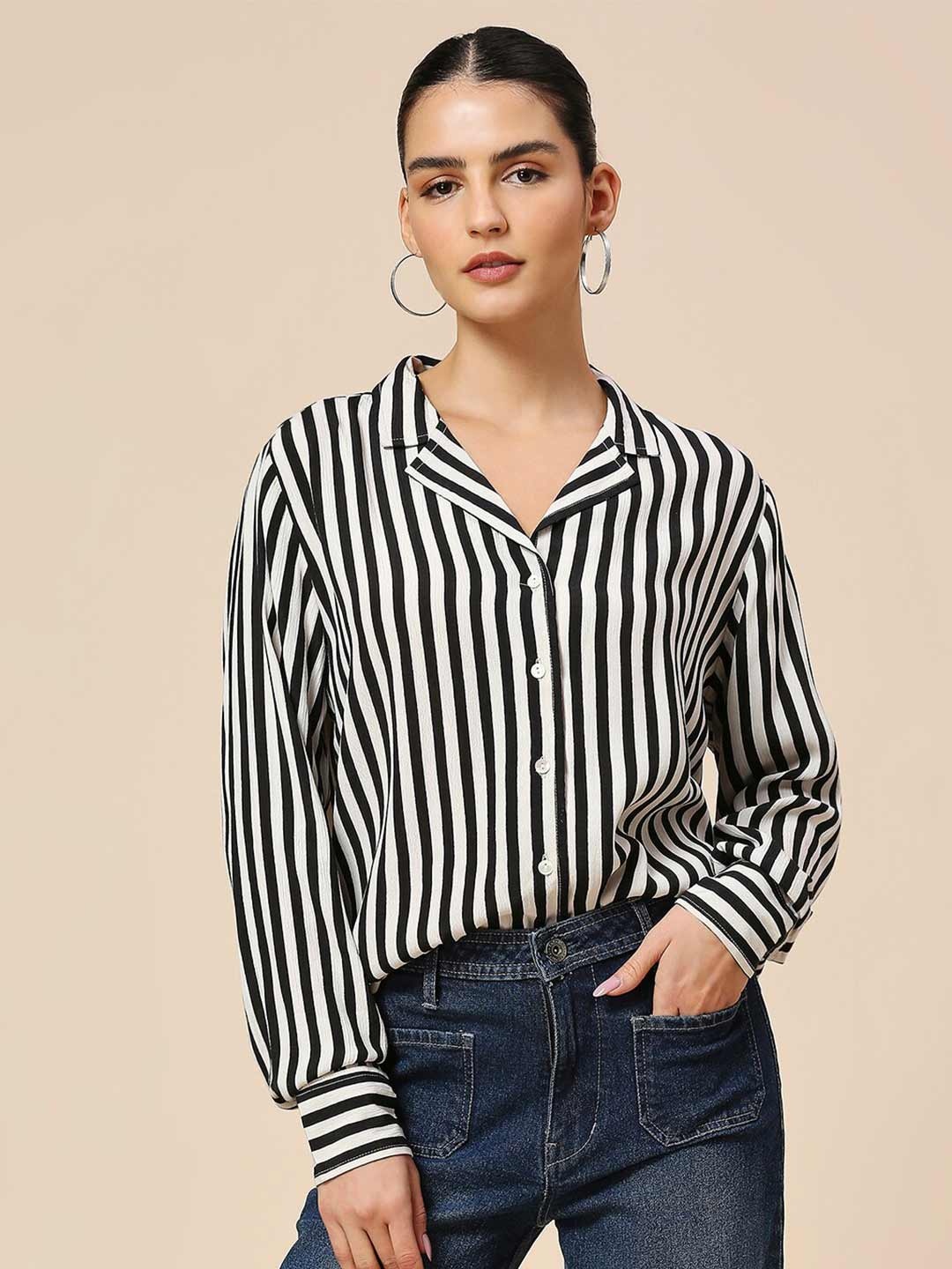 

Chemistry Striped Lapel Collar Regular Sleeves Opaque Casual Shirt, Black