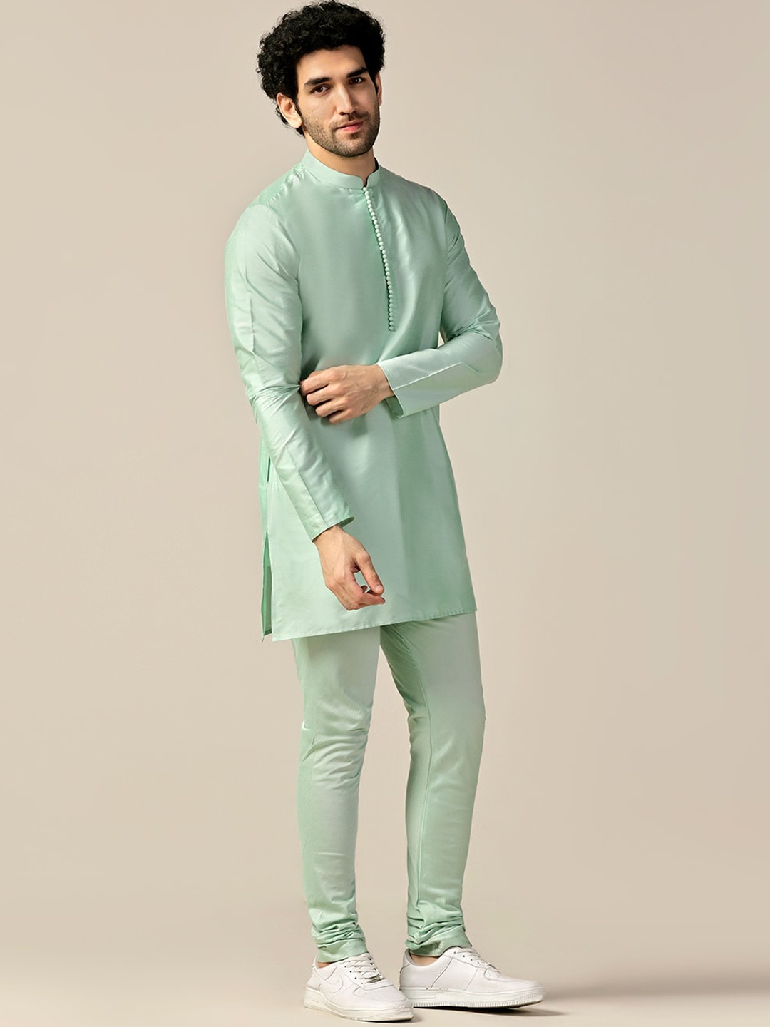 

KISAH Band Collar Regular Kurta With Churidar, Green