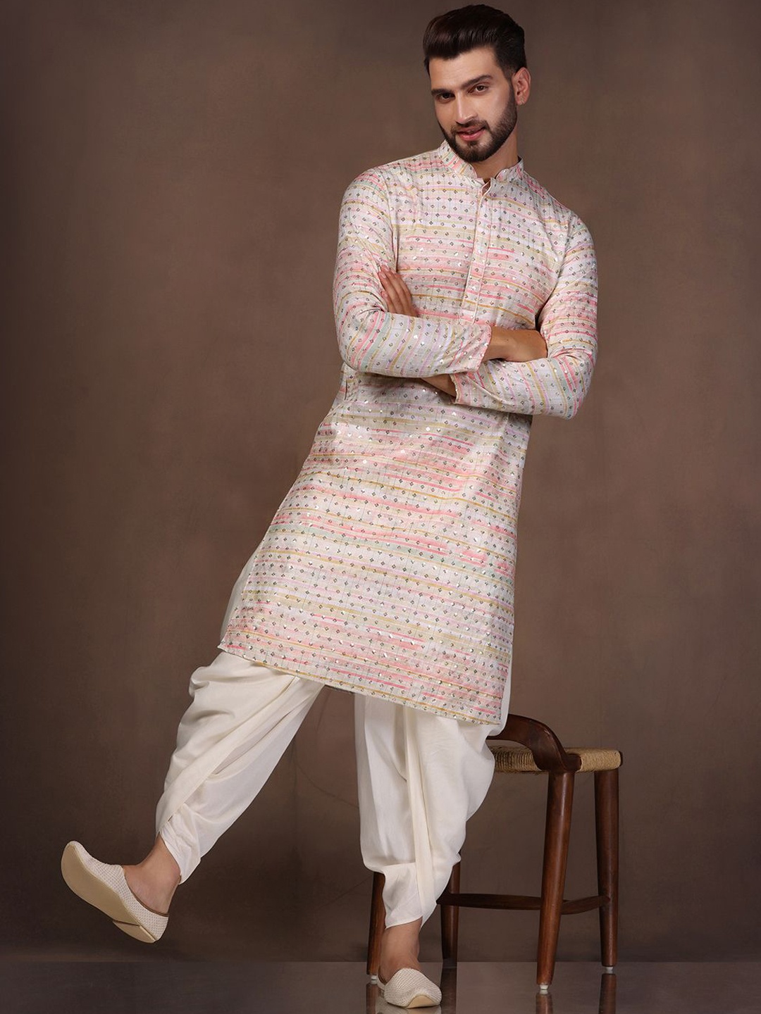 

KISAH Mandarin Collar Embroidered Regular Mirror Work Kurta With Dhoti Pants, Pink