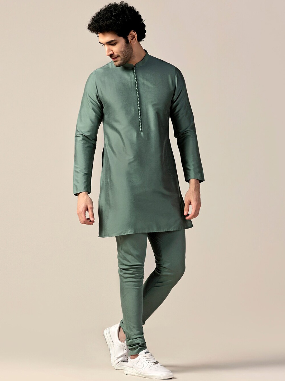 

KISAH Band COllar Regular Kurta With Churidar, Green