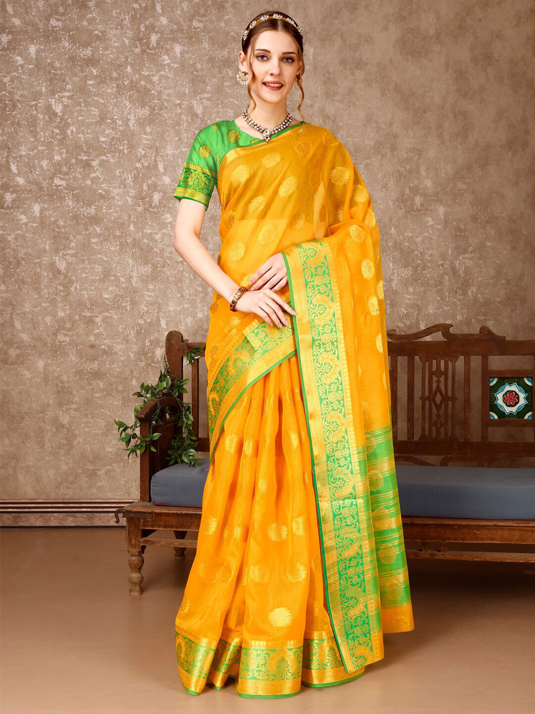 

Indian Women Woven Design Zari Silk Cotton Saree, Yellow