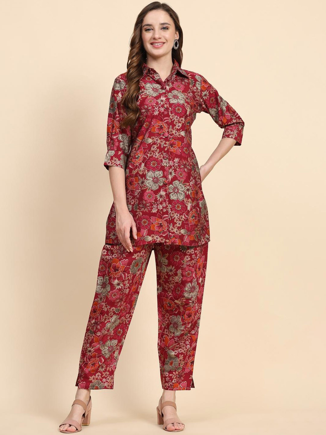 

Trendmalls Floral Printed Tunic With Trousers, Magenta